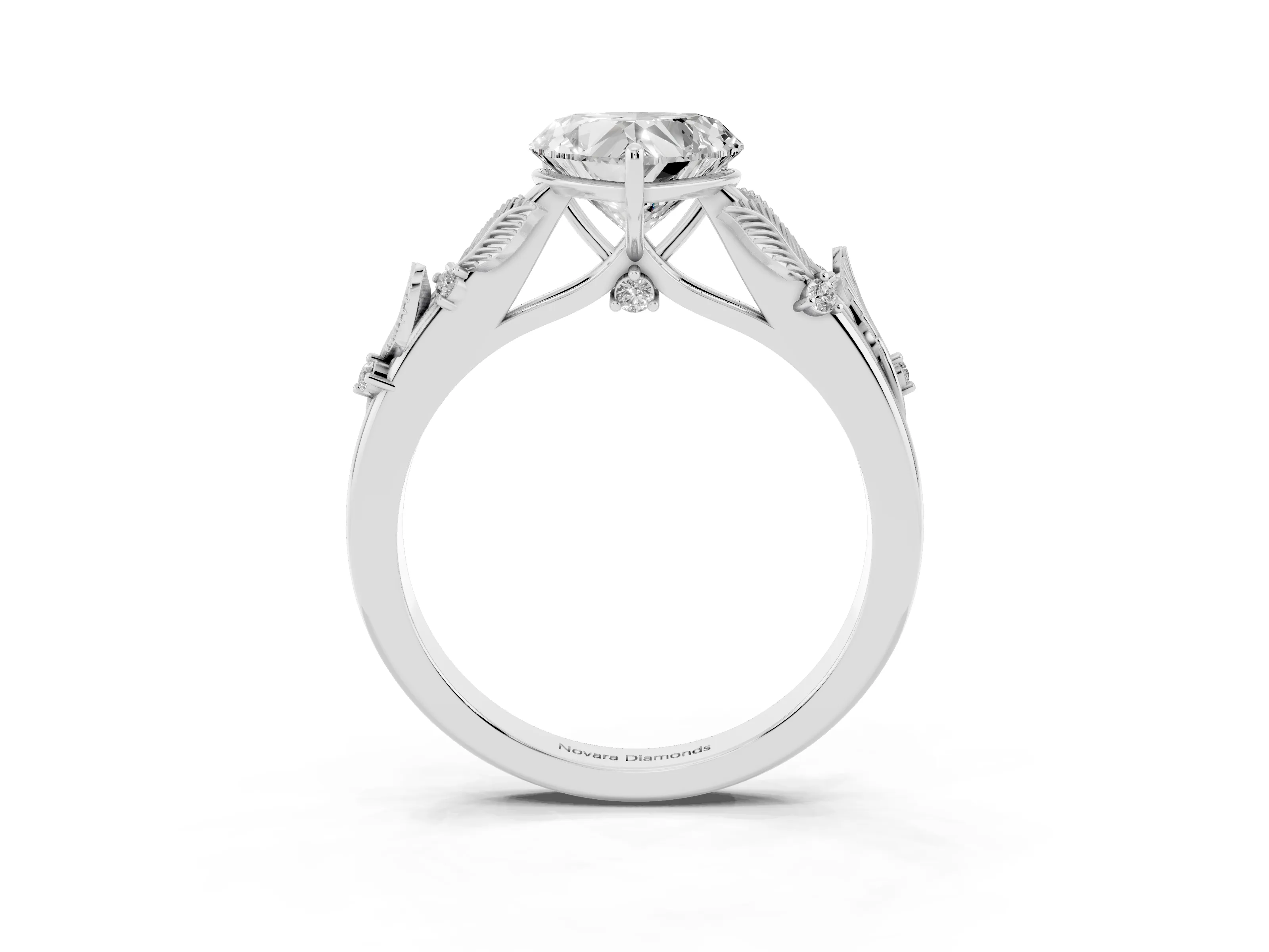 Heart Cut Diamond Solitaire Ring Set in Silver with Leaf Motif Band