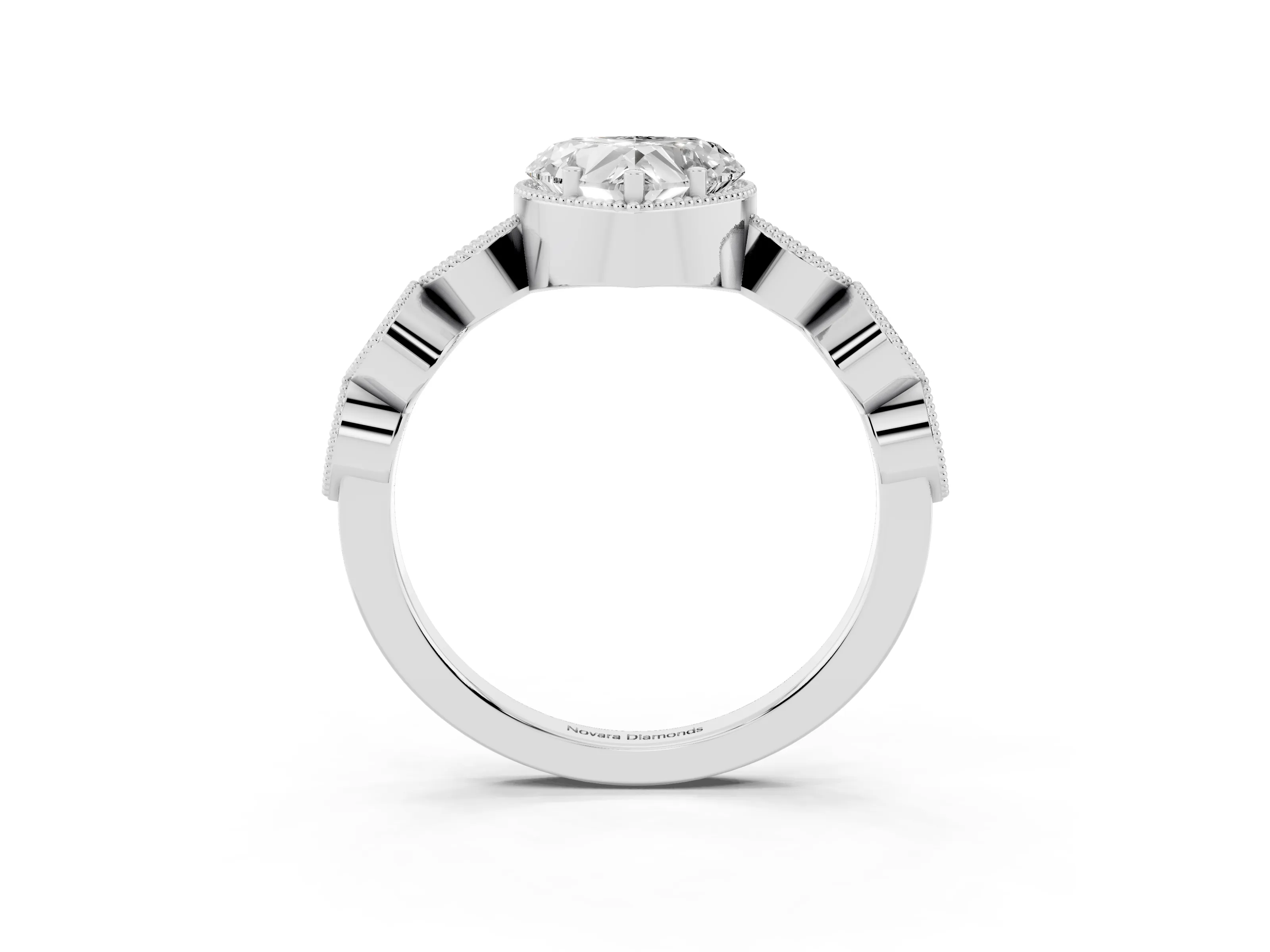 Heart Cut Diamond Vintage-Inspired Milgrain Ring Set in White gold with Marquise Stations of Round Accents