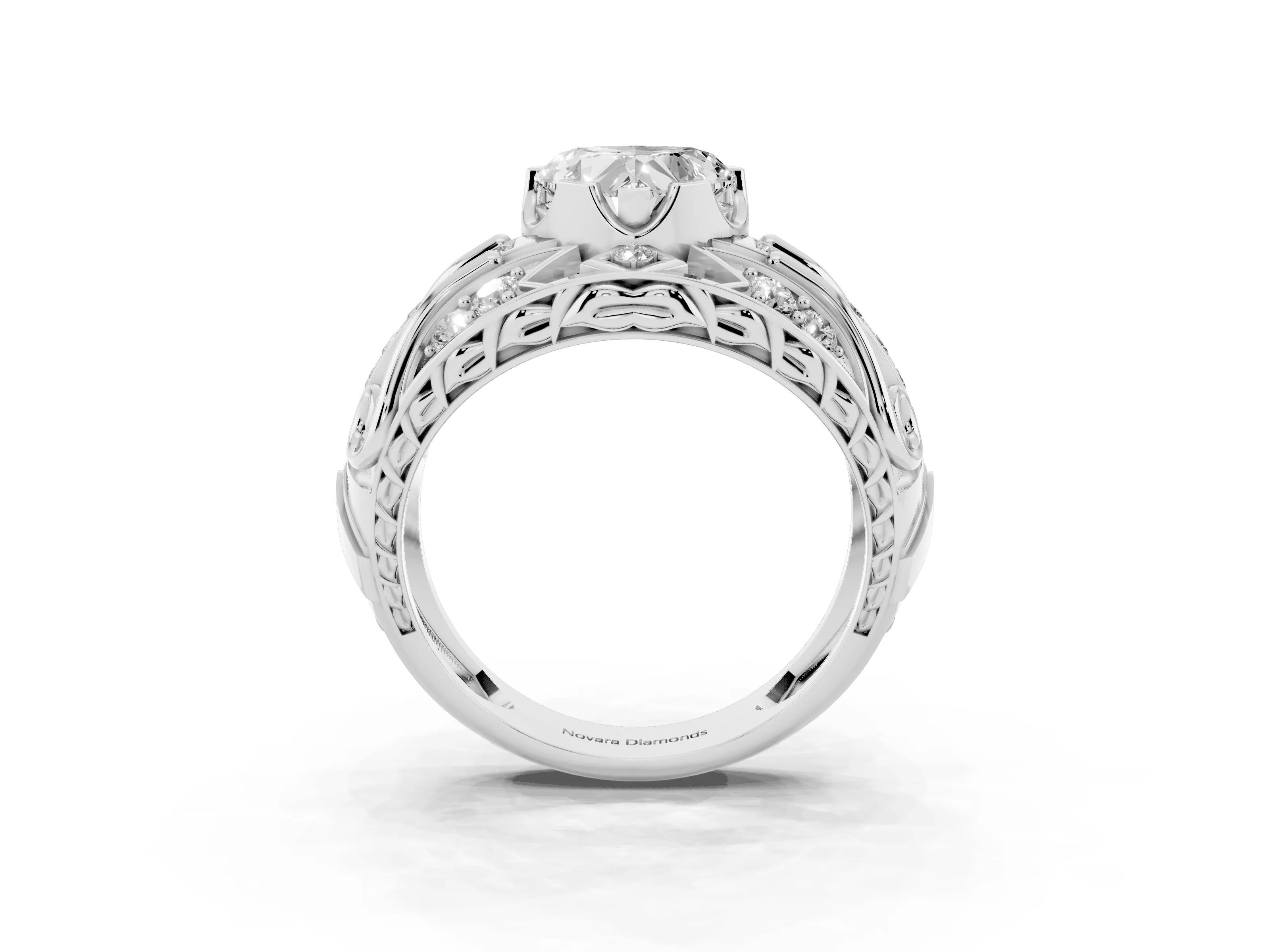 Heart Cut Diamond Art Deco Ring Set in White gold with Pavé Split Shank
