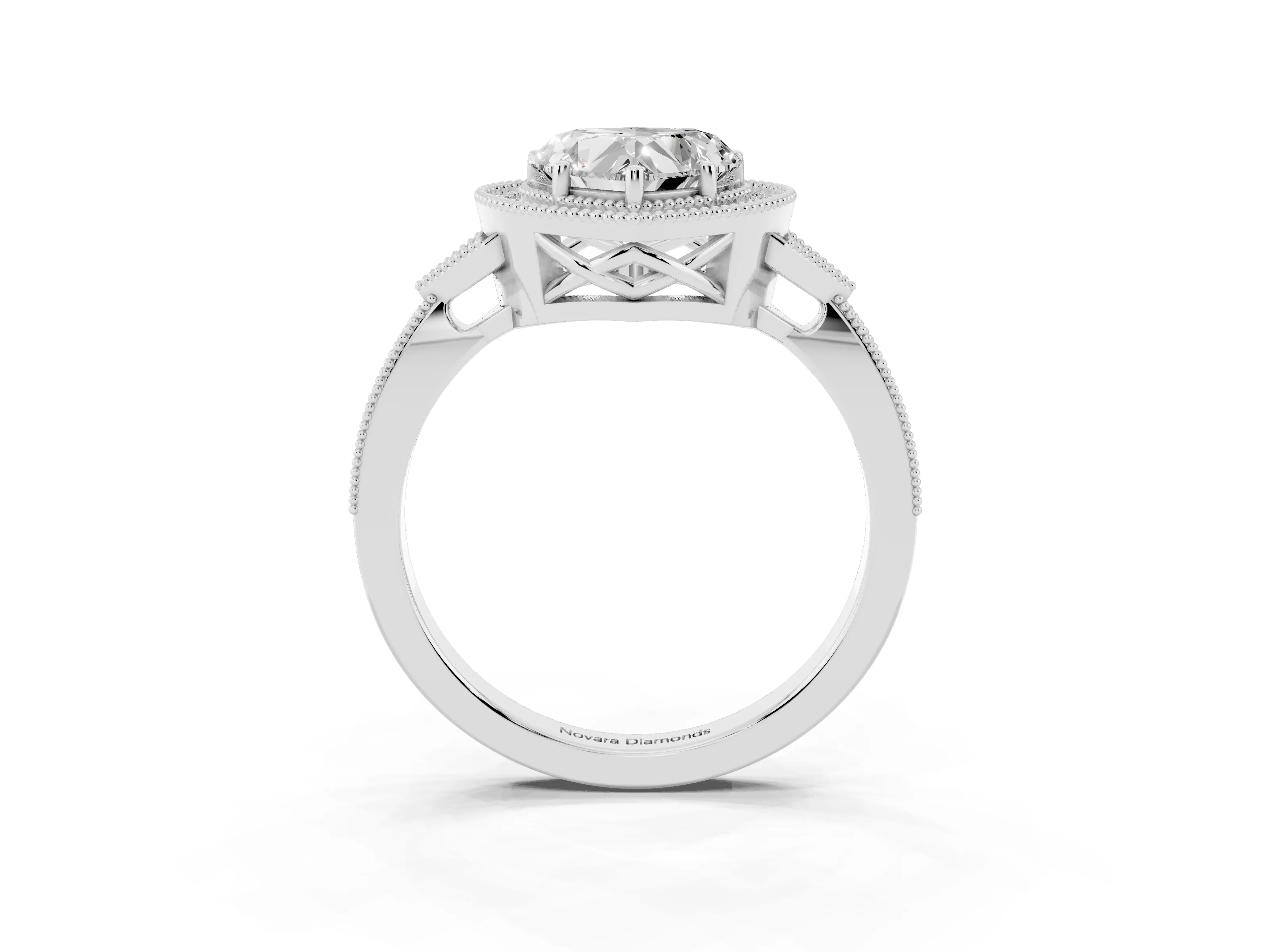 Heart Cut Diamond Halo Engagement Ring Set in White gold with Milgrain Pavé Band