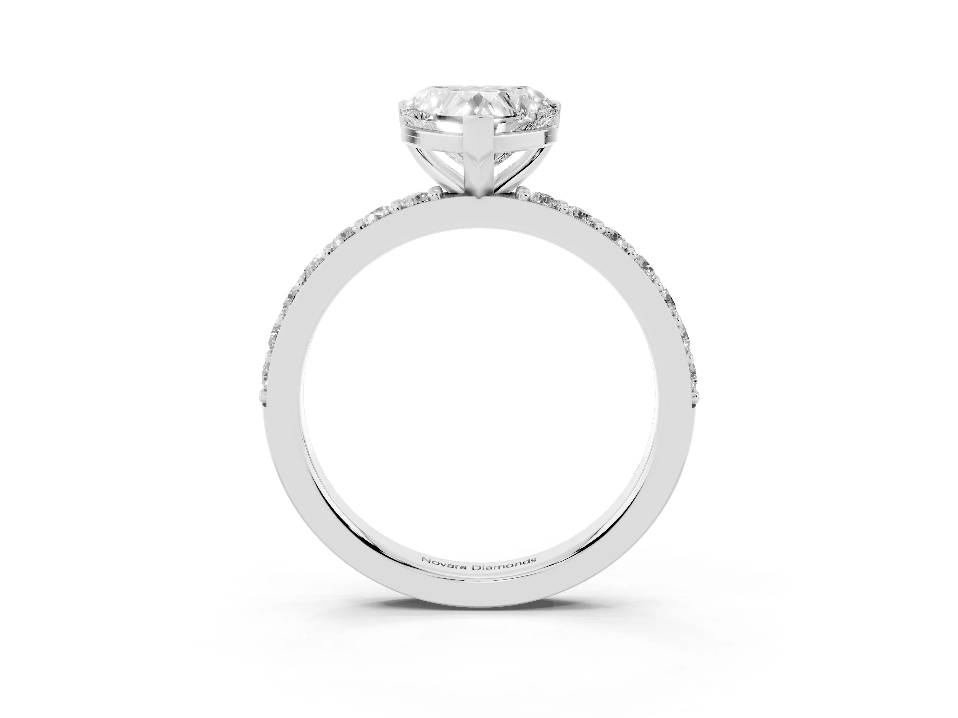 Heart Cut Diamond Solitaire Set in White gold with Round Pavé Band and Prong Setting