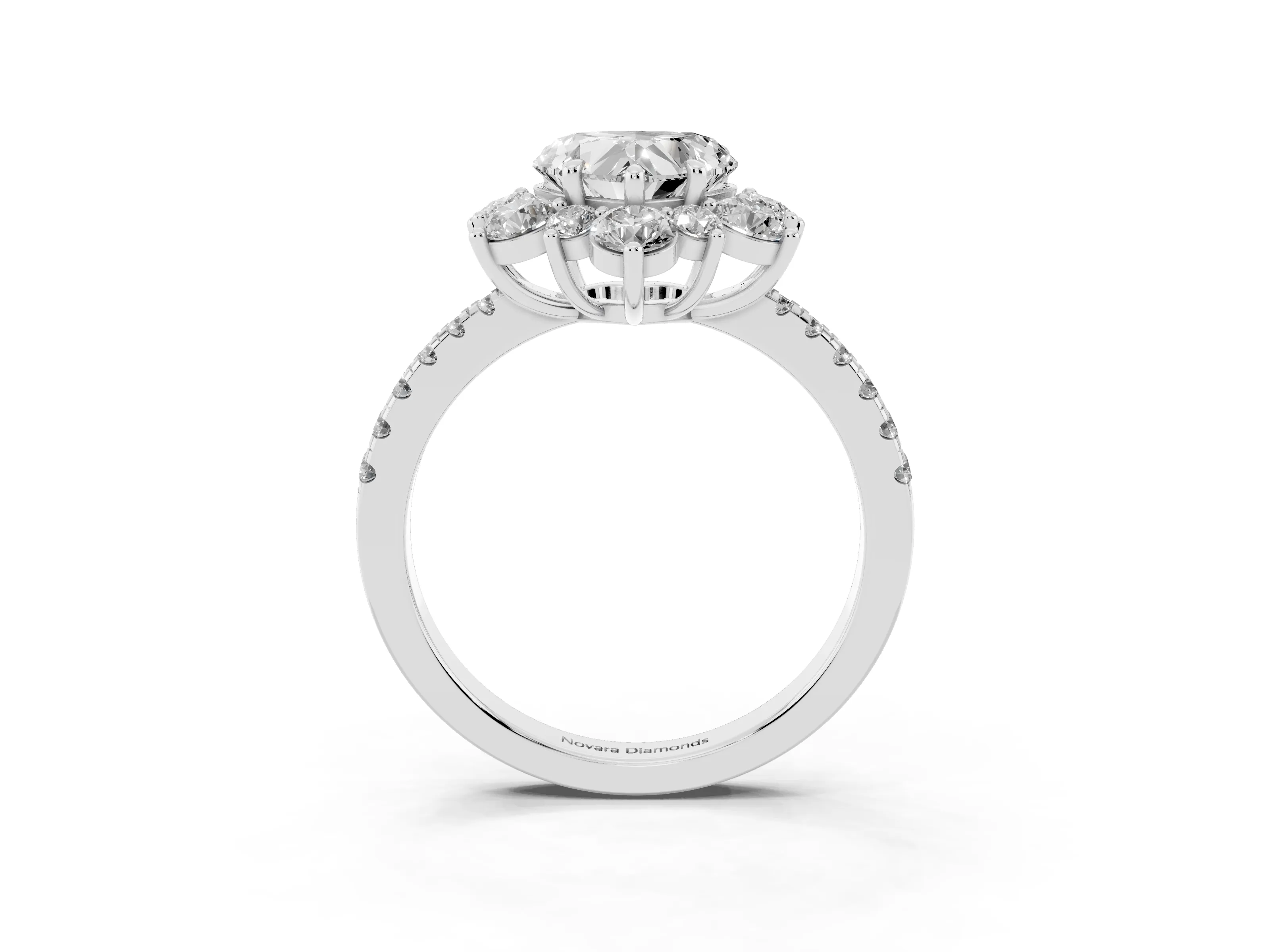 Heart Cut Diamond Floral Halo Ring Set in Platinum with Round Pavé Band and Prong Setting