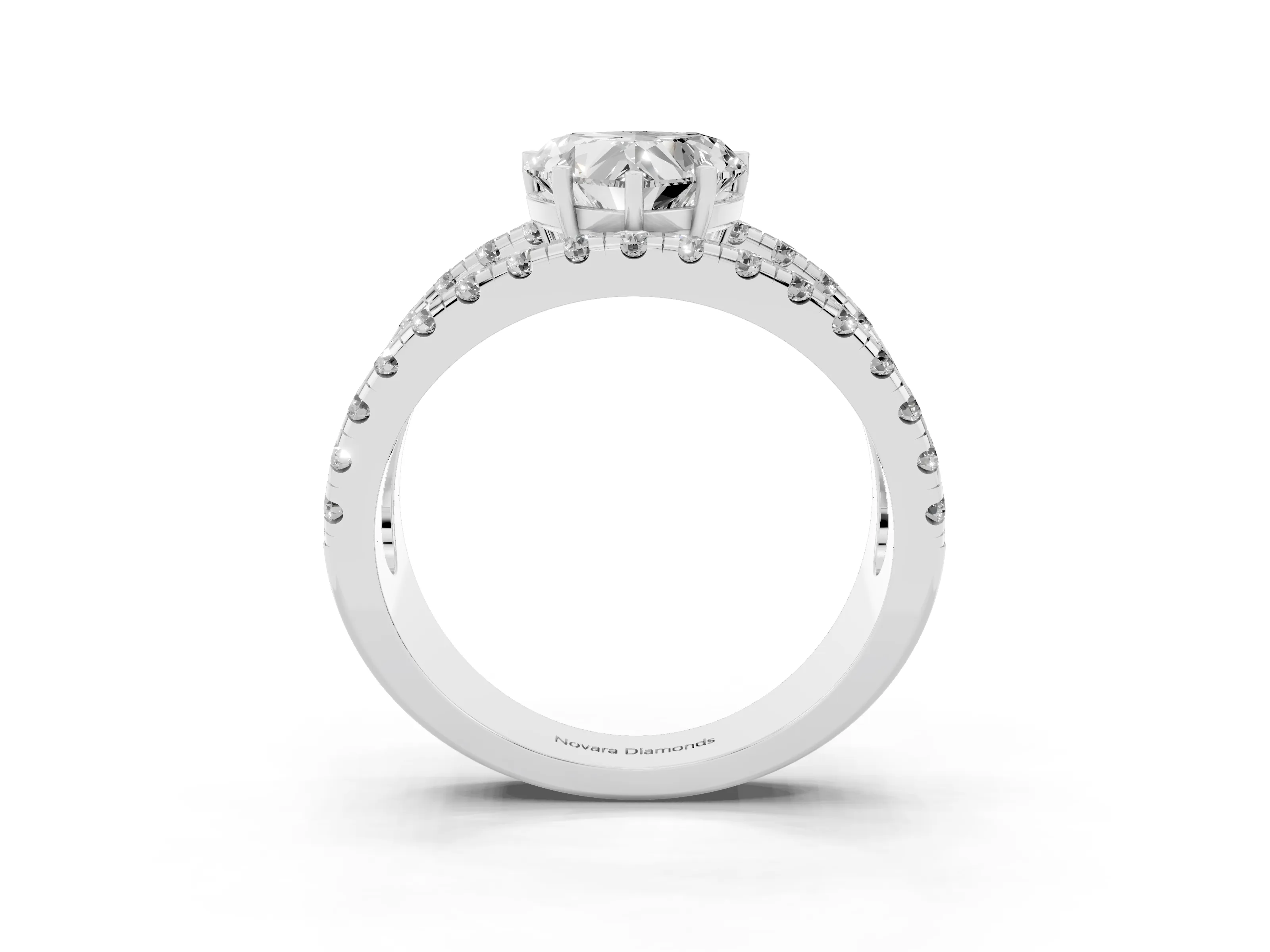 Heart Cut Diamond Split Shank Pavé Solitaire Ring Set in White gold with Open Shank Design