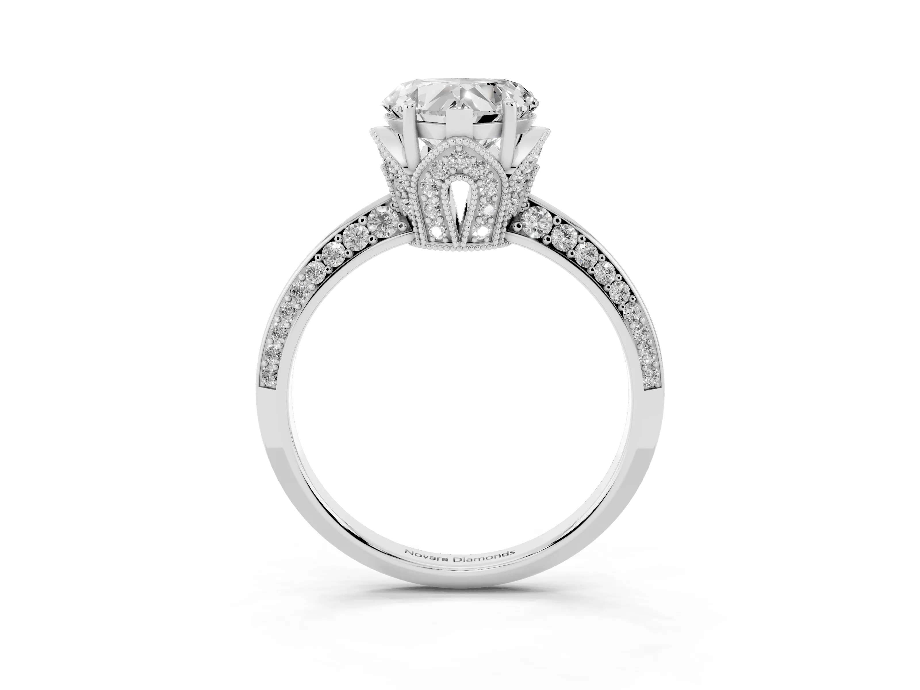 Heart Cut Diamond Solitaire Engagement Ring Set in White gold with Pavé Split Shank and Prong Setting