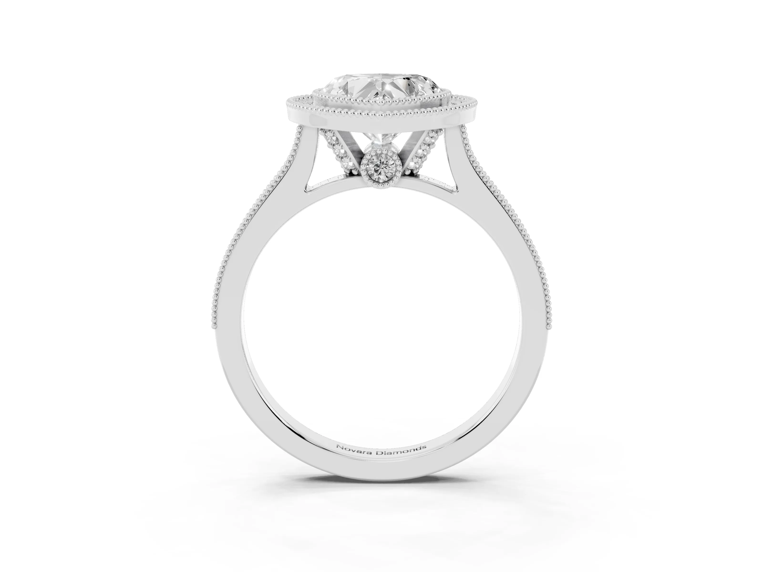 Heart Cut Diamond Halo Milgrain Pavé Band Ring Set in White gold with Prong Setting