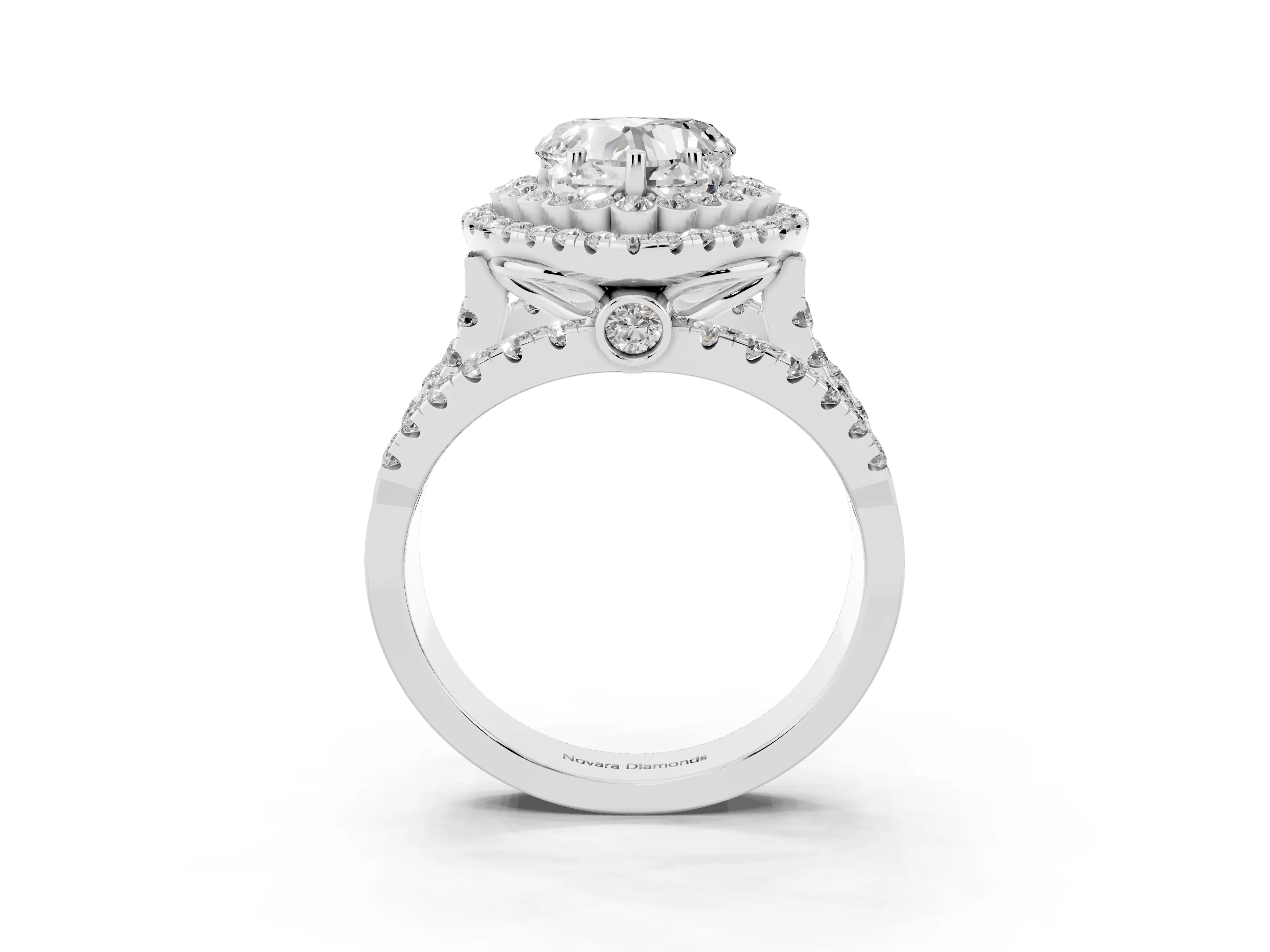 Heart Cut Diamond Double Halo Ring Set in Silver with Round Pavé Split Shank