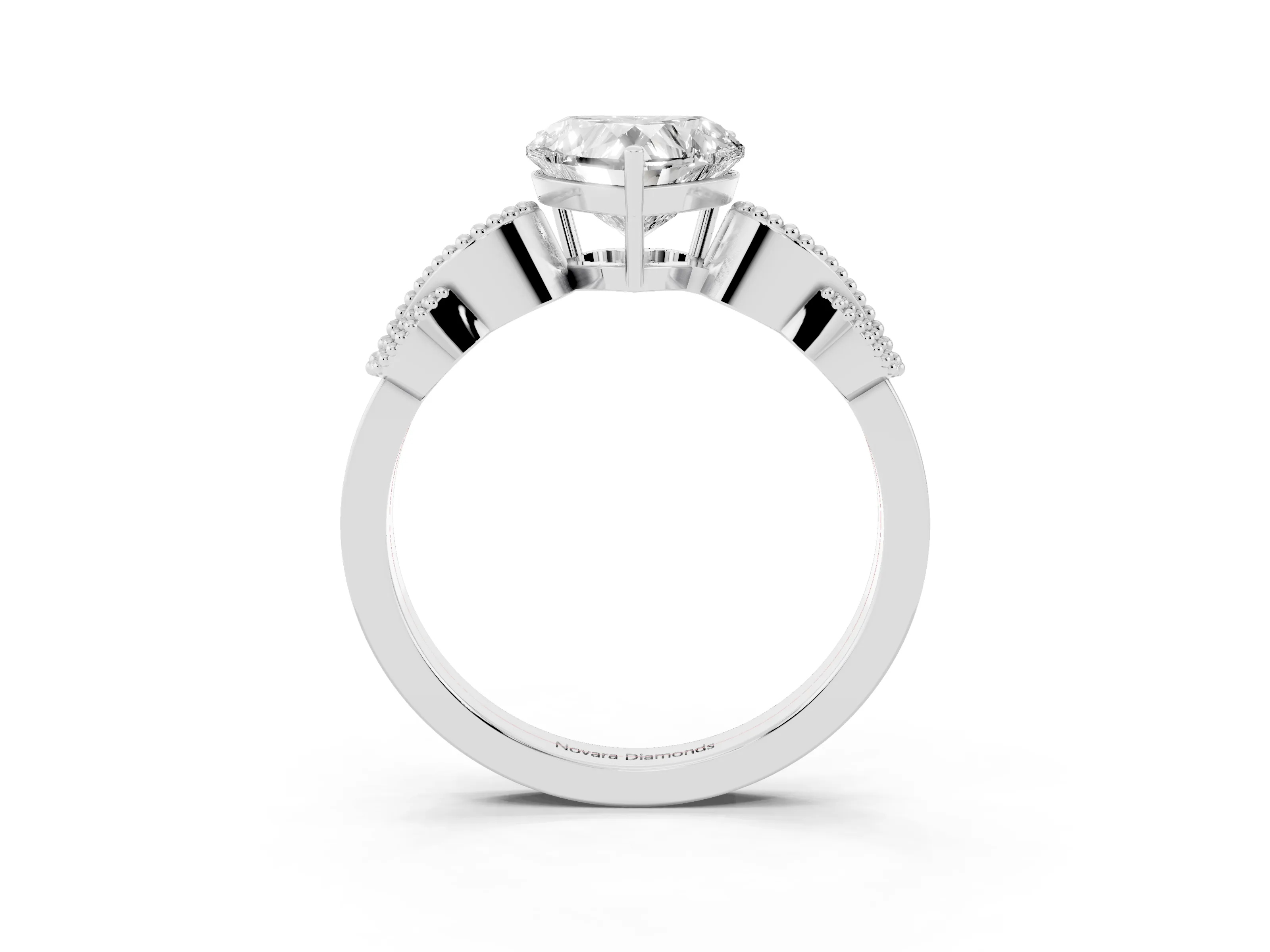 Heart Cut Diamond Milgrain Leaf Band Solitaire Ring Set in Silver with Accent Stones and Prong Setting