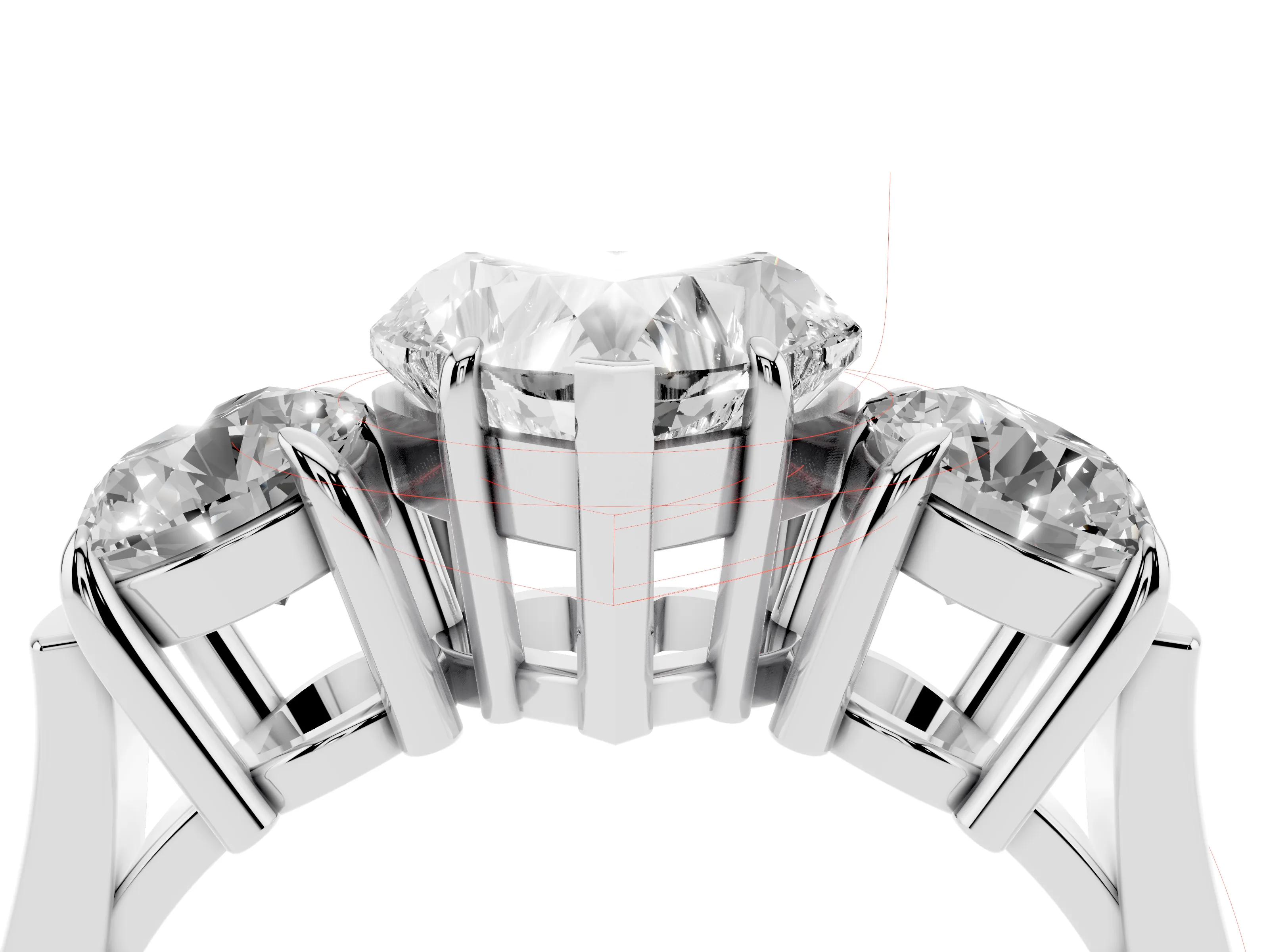 Heart Cut Diamond Three-Stone Ring Set in Platinum with Round Accent Stones and Plain Band