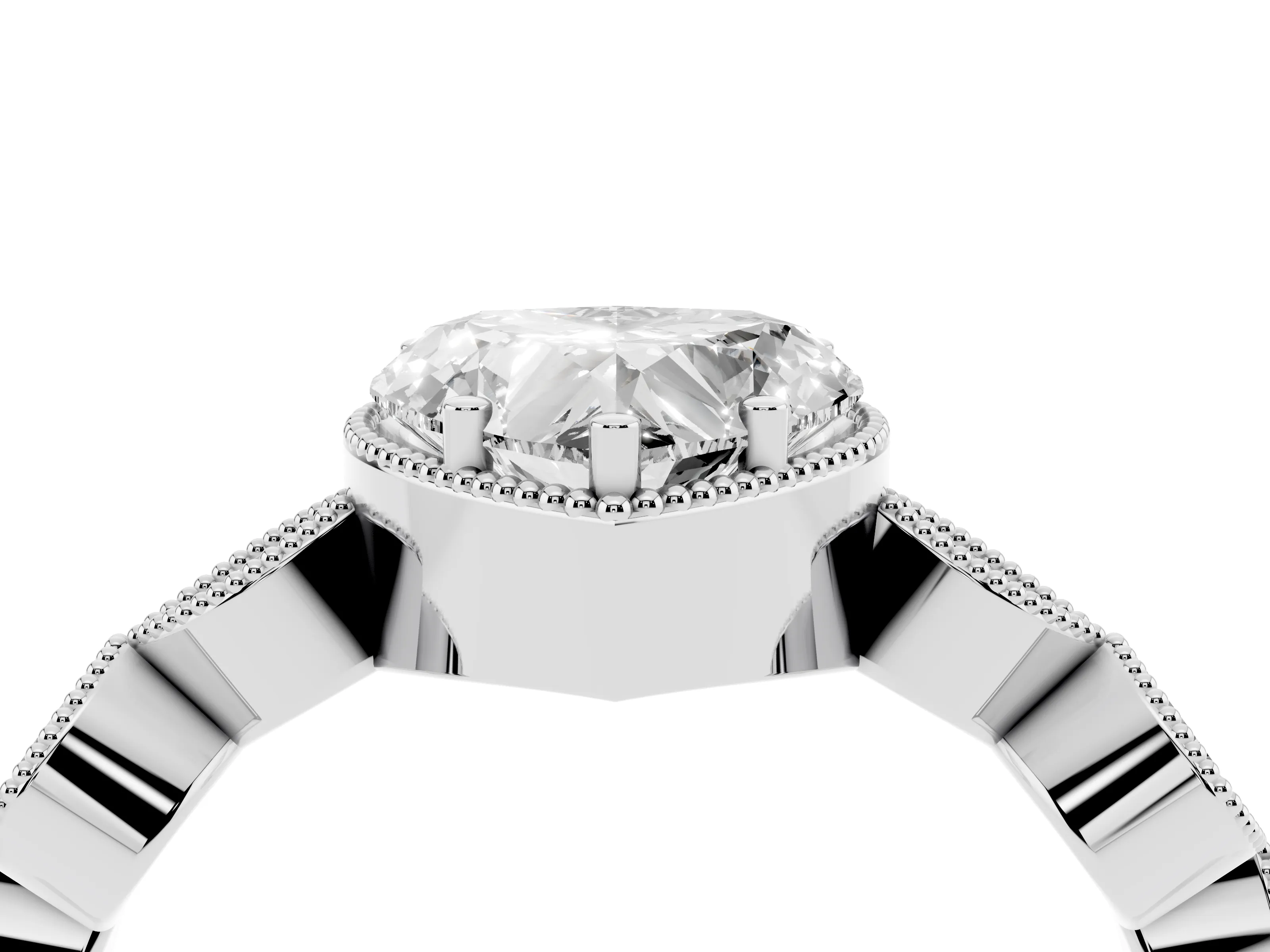 Heart Cut Diamond Vintage-Inspired Milgrain Ring Set in White gold with Marquise Stations of Round Accents