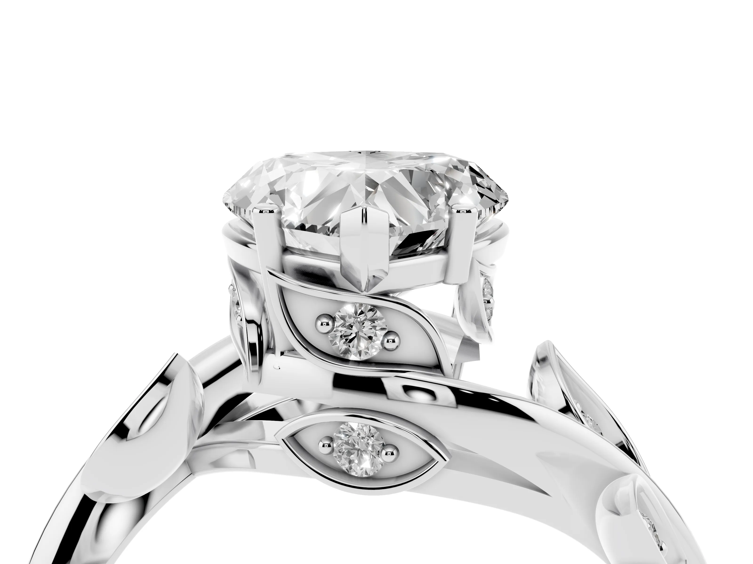 Heart Cut Diamond Solitaire Twist Engagement Ring Set in Silver with Pavé Leaf Accents