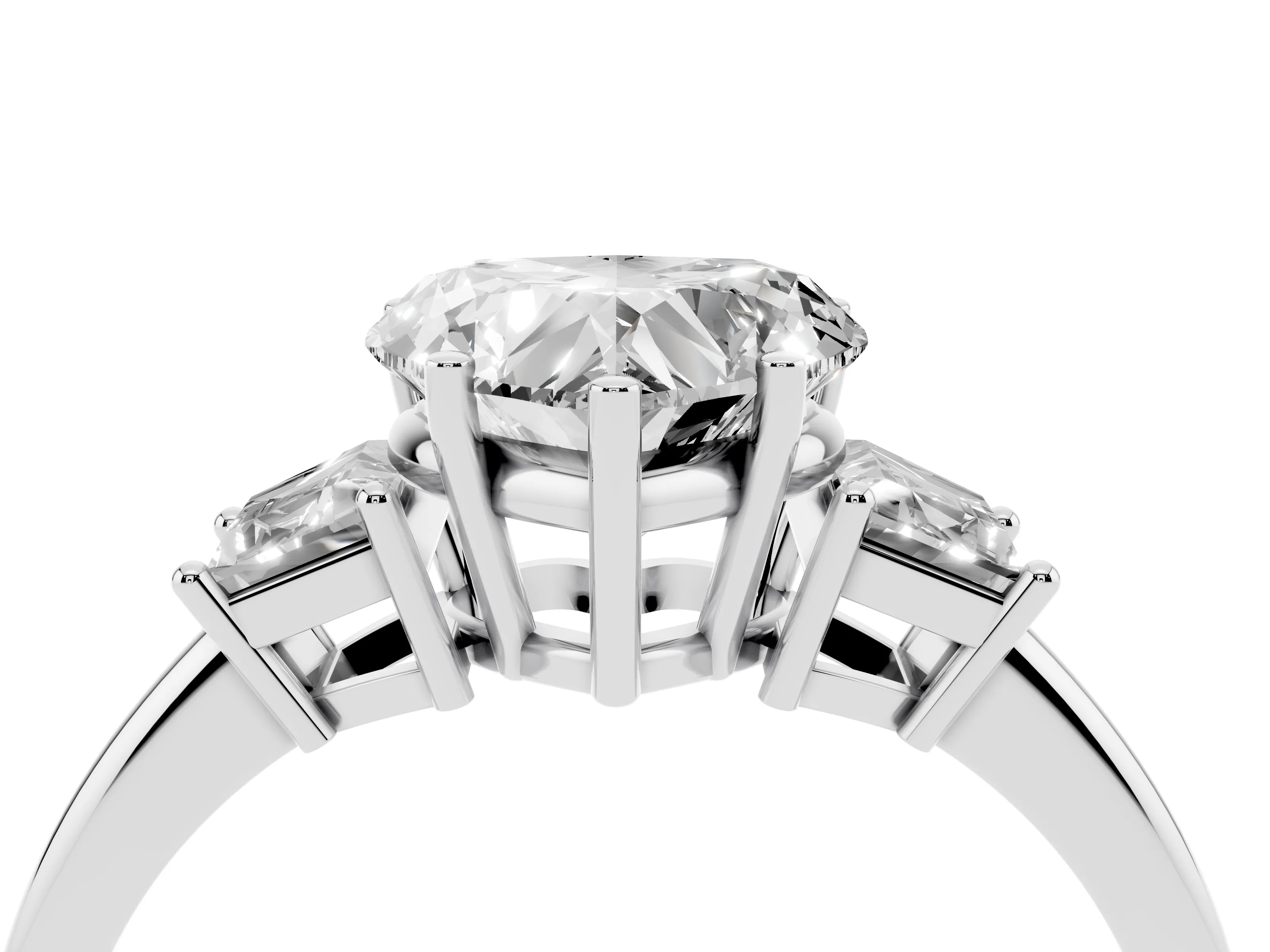 Heart Cut Diamond Three-Stone Ring Set in Platinum with Trapezoid Side Stones and Prong Setting
