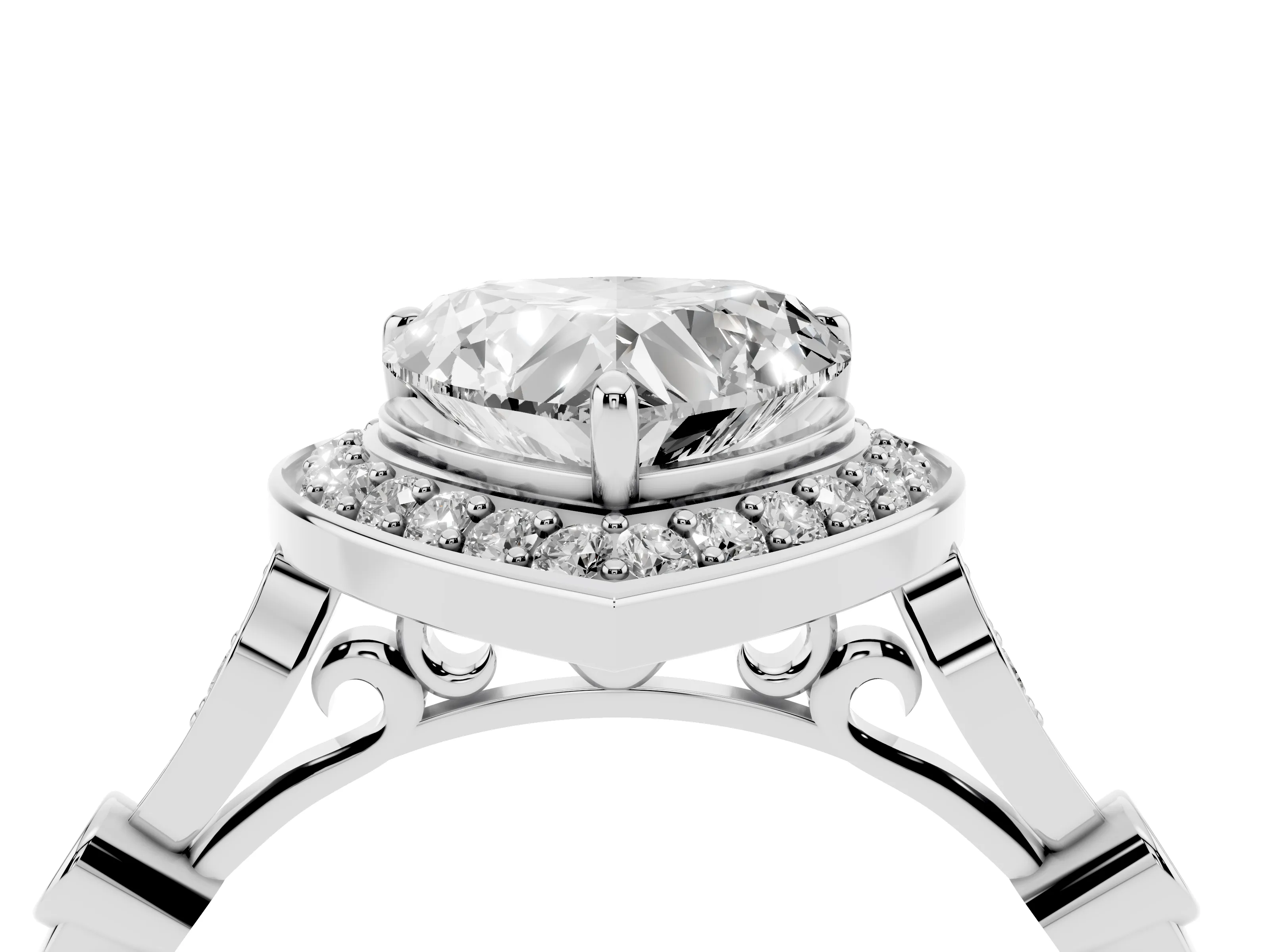Heart Cut Diamond Halo Engagement Ring Set in Platinum with Twisted Band and Prong Setting