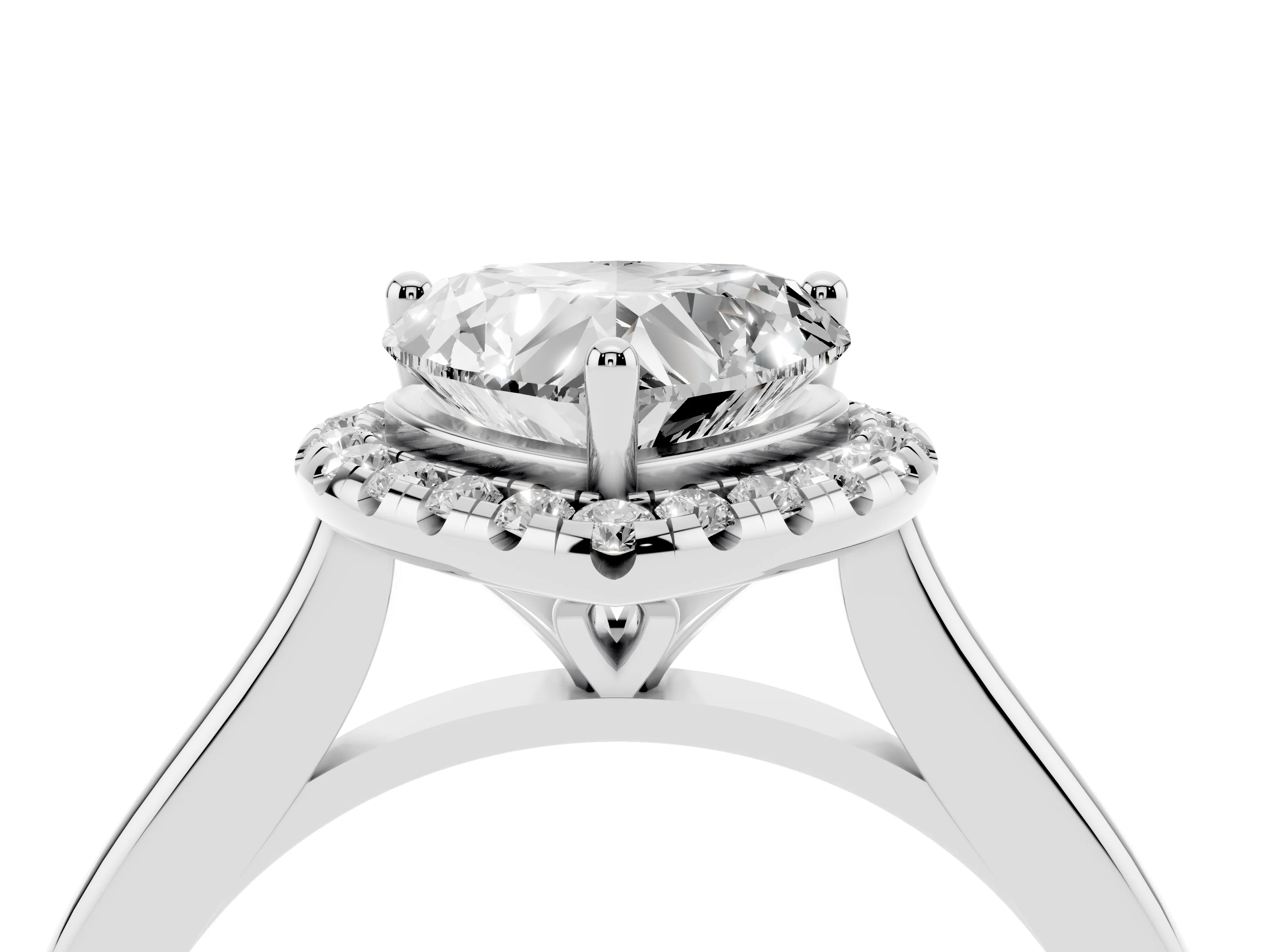 Heart Cut Diamond Halo Engagement Ring Set in Silver with Pavé Band and Rising Shoulders