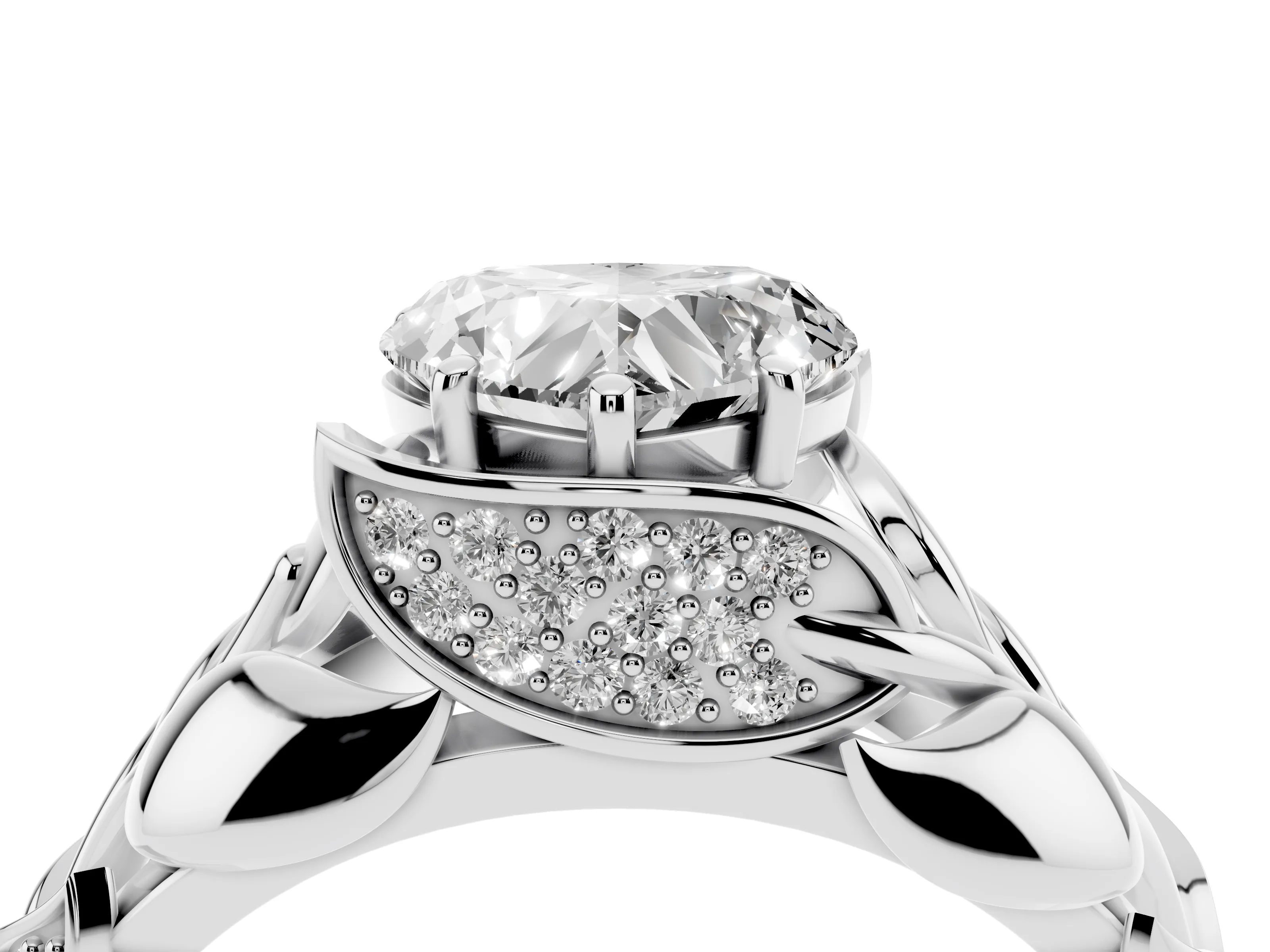 Heart Cut Diamond Leaf-Inspired Engagement Ring Set in Platinum with Round Accents