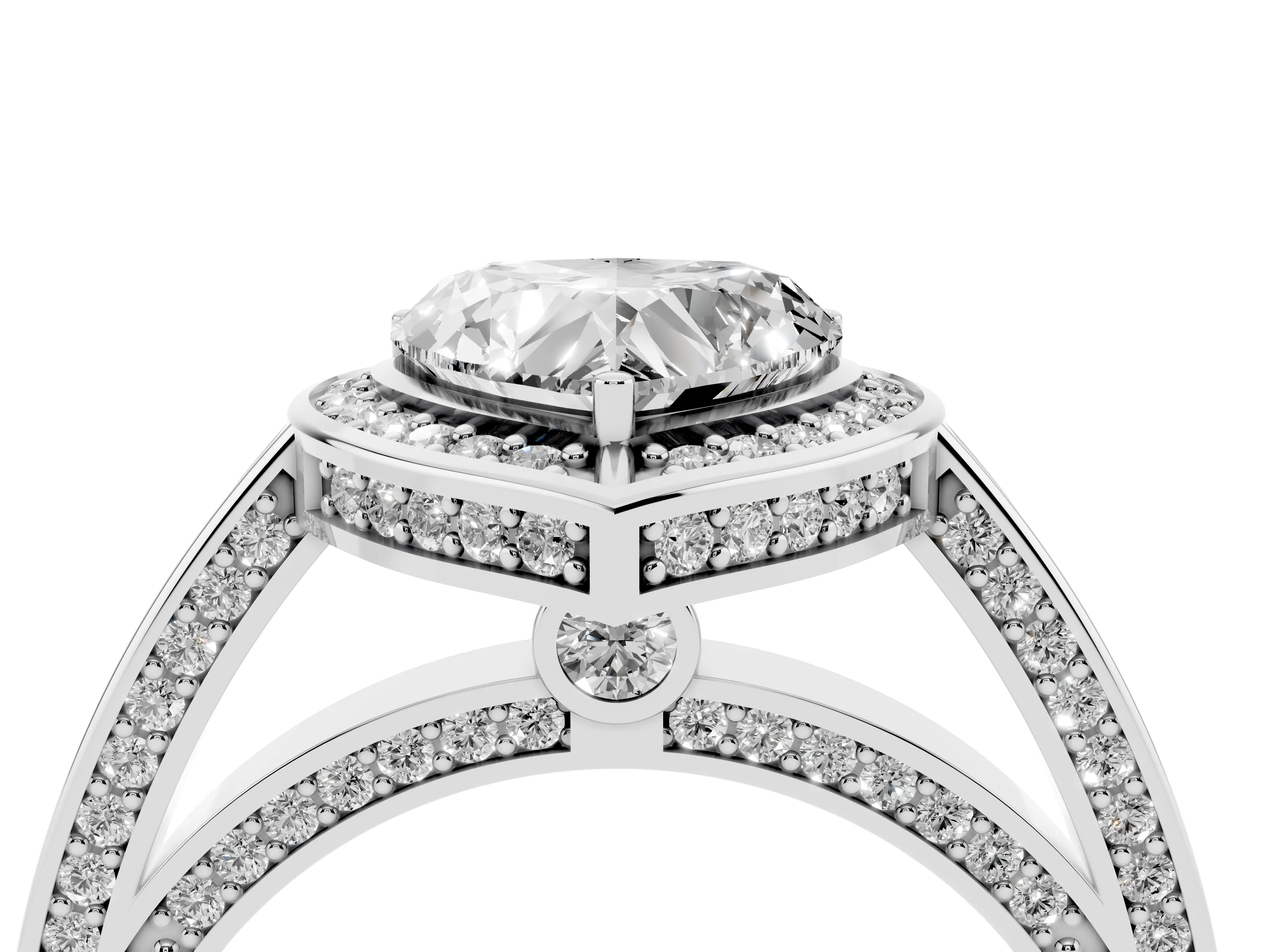 Heart Cut Diamond Halo Pavé Split Shank Ring Set in White gold with Prong Setting