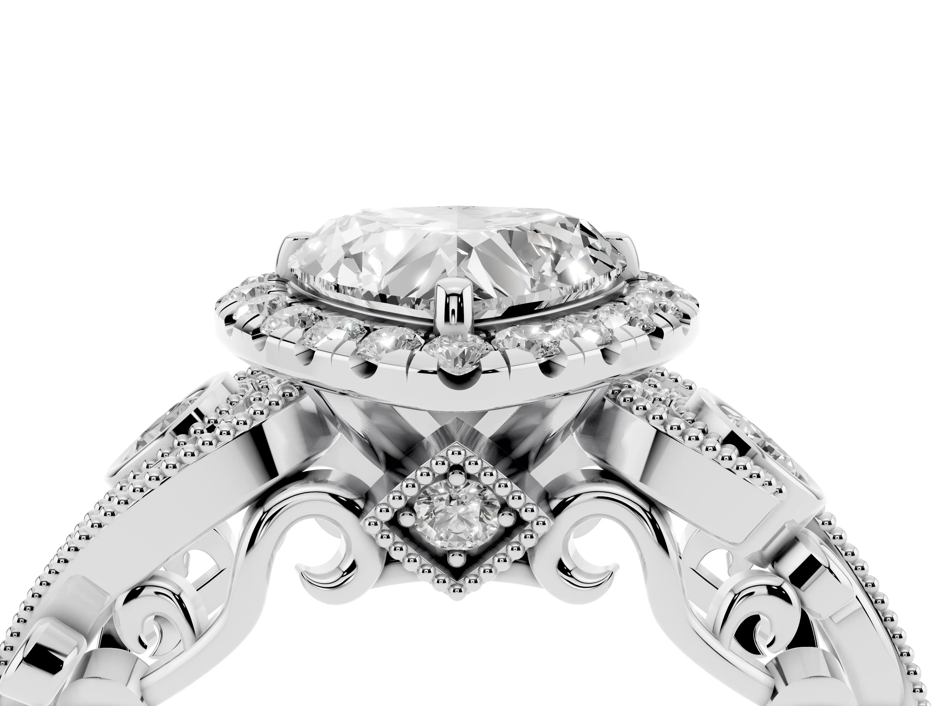 Heart Cut Diamond Halo Ring Set in Silver with Milgrain Pavé Band and Prong Setting