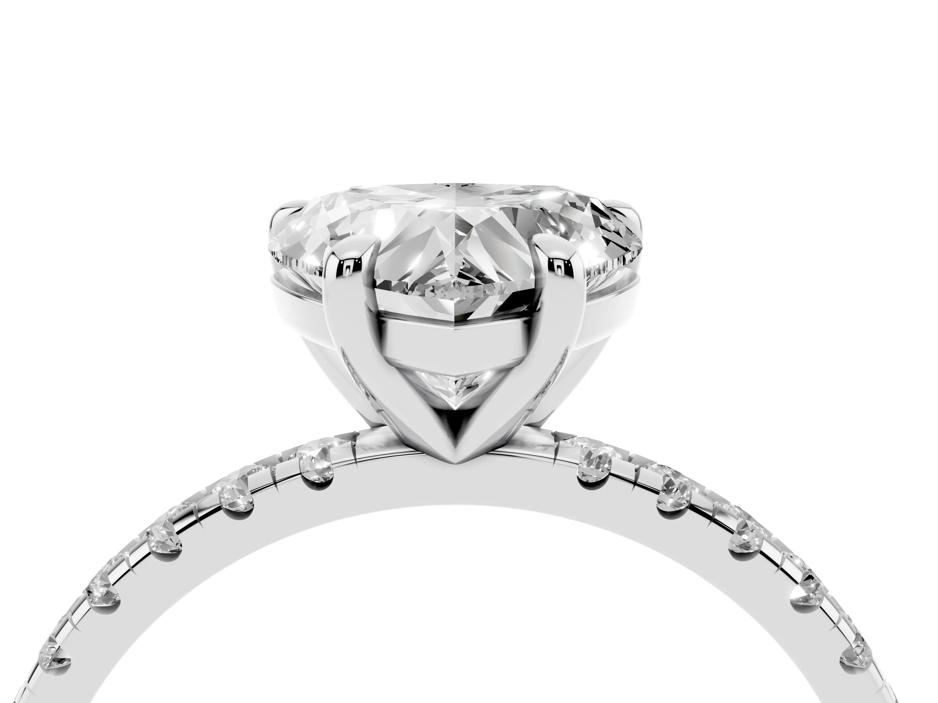 Heart Cut Diamond Brilliant Solitaire Ring Set in White gold with Pavé Band and Prong Setting