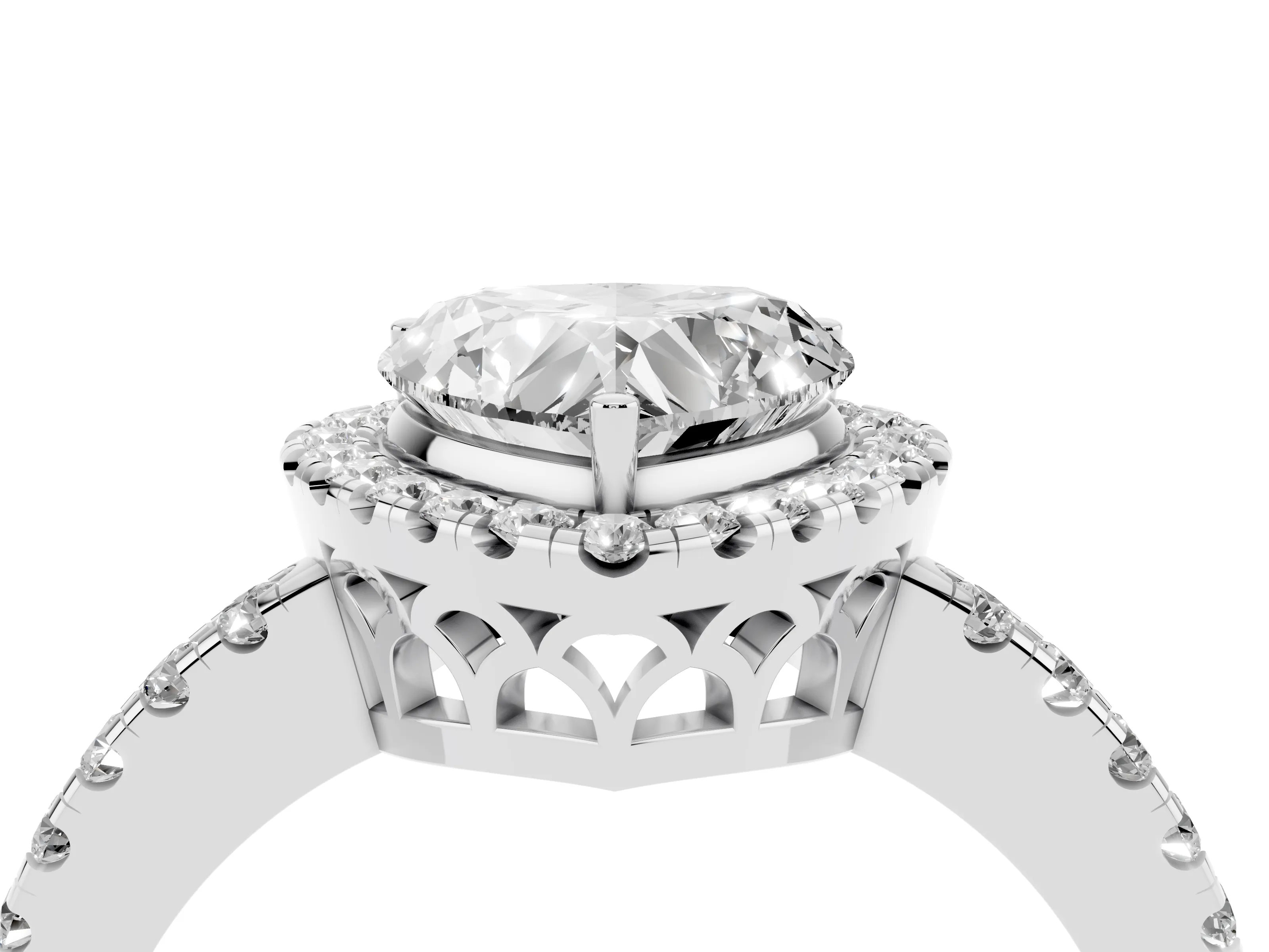 Heart Cut Diamond Pavé Band Halo Engagement Ring Set in Silver with Prong Setting