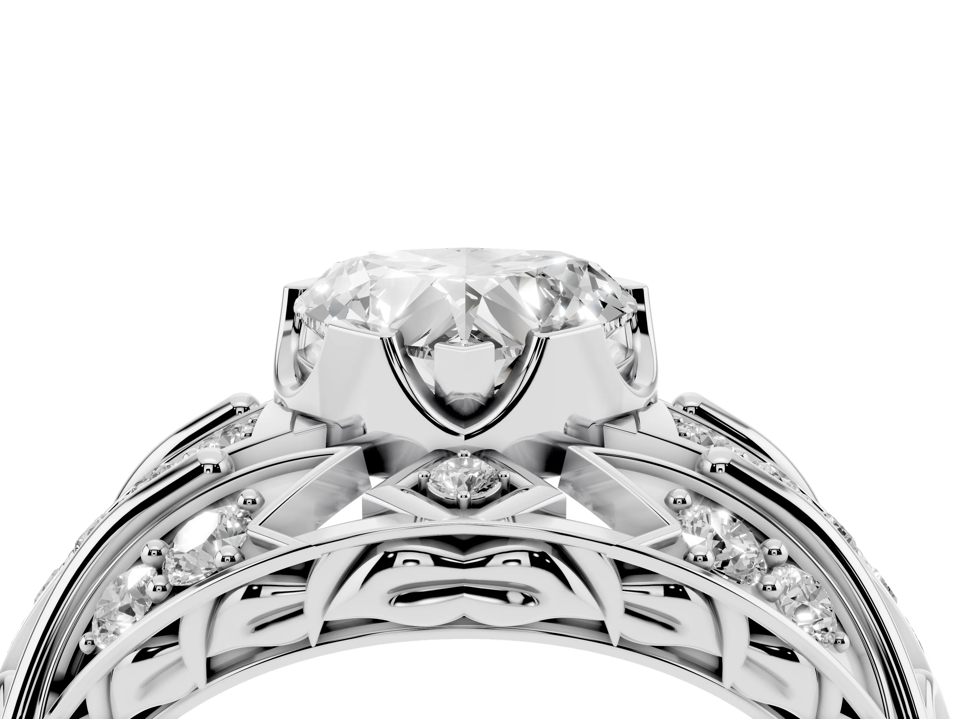 Heart Cut Diamond Art Deco Ring Set in White gold with Pavé Split Shank