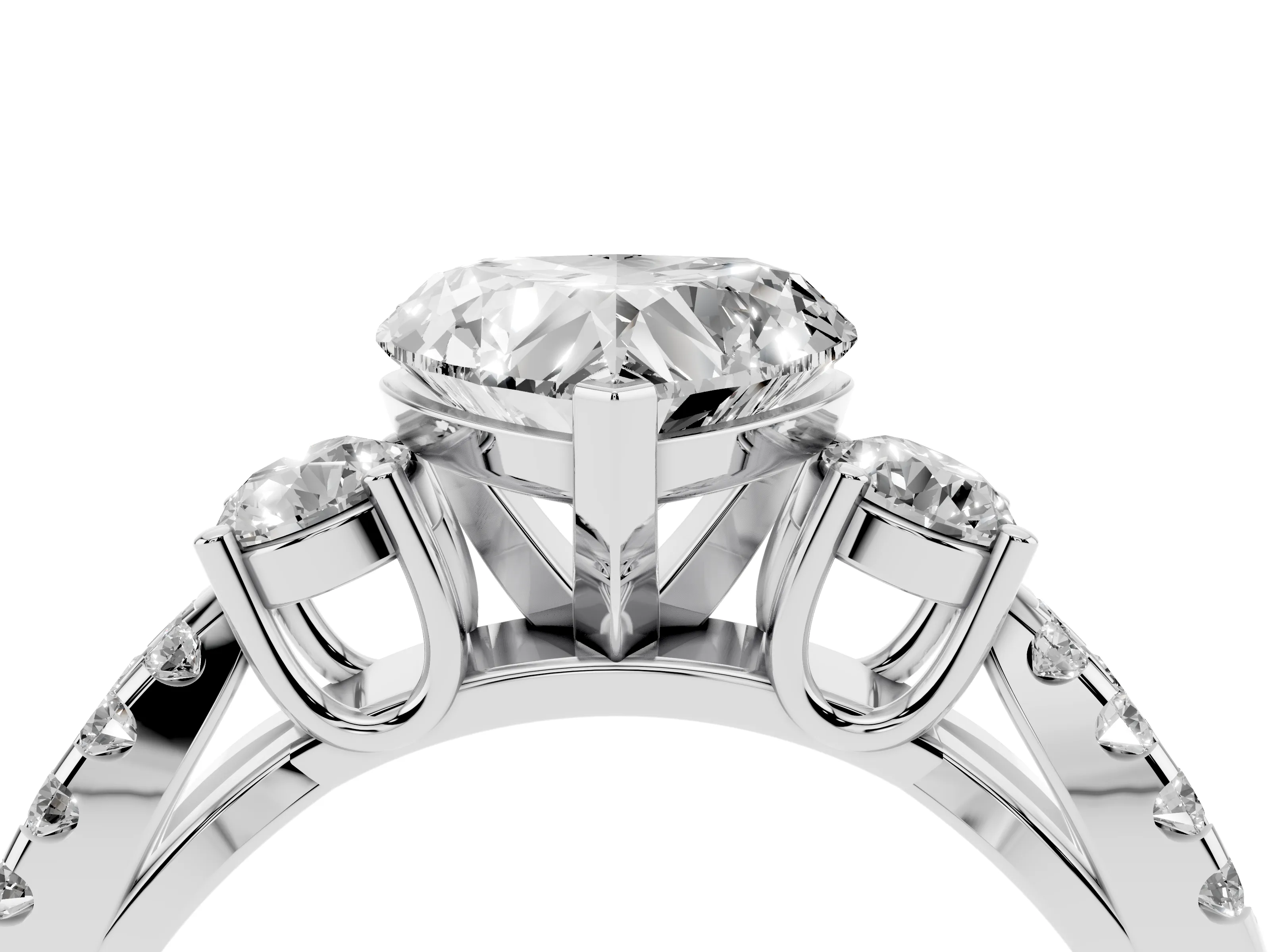 Heart Cut Diamond Three-Stone Ring Set in Platinum with Pavé Split Shank and Prong Setting