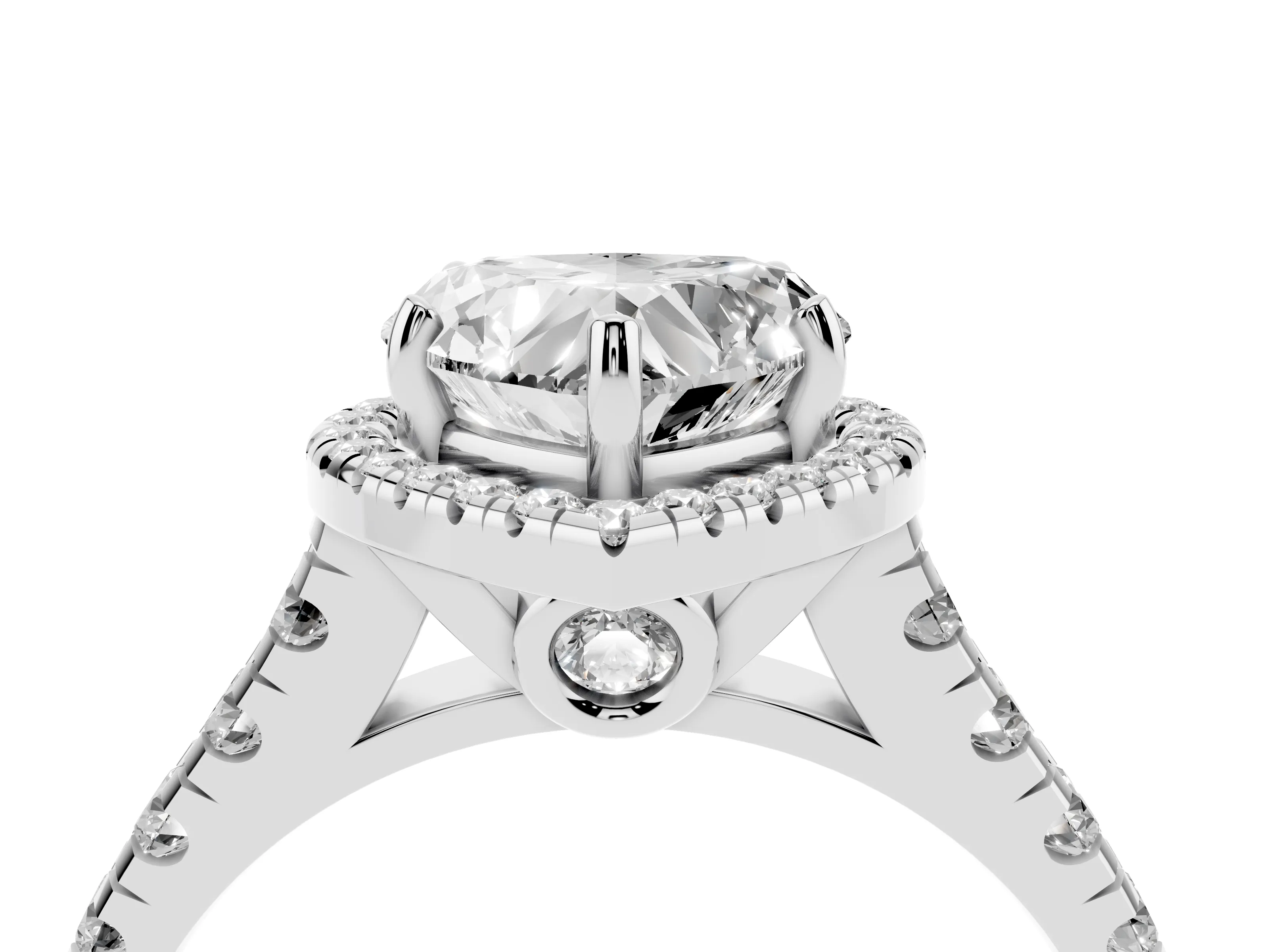 Heart Cut Diamond Halo Engagement Ring Set in Platinum with Pavé Band and Prong-Set Center