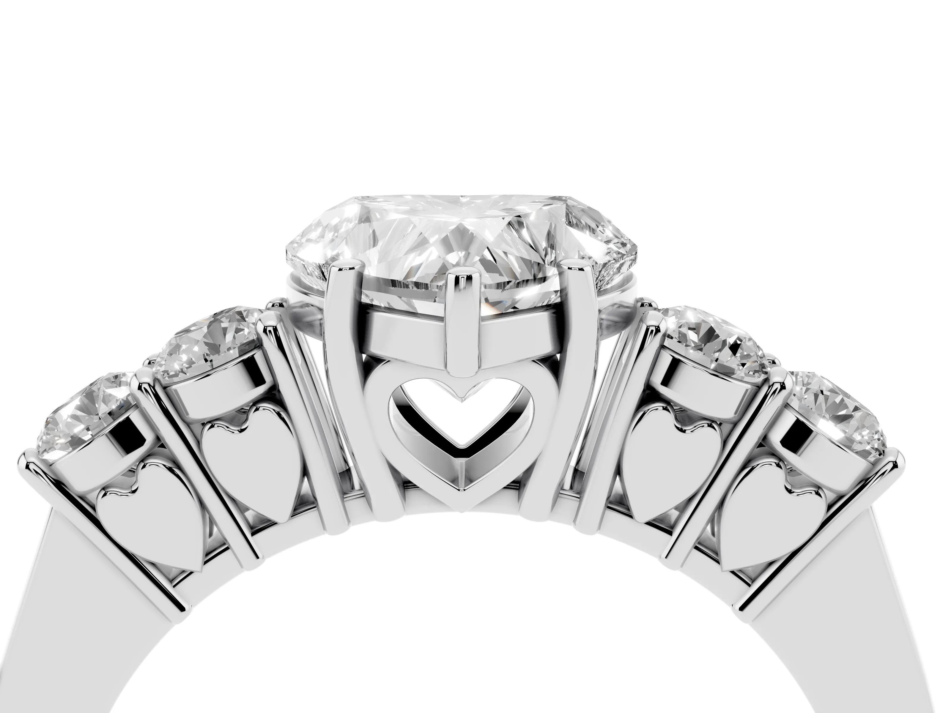 Heart Cut Diamond Five-Stone Prong Set Band Ring Set in Silver with Polished Band