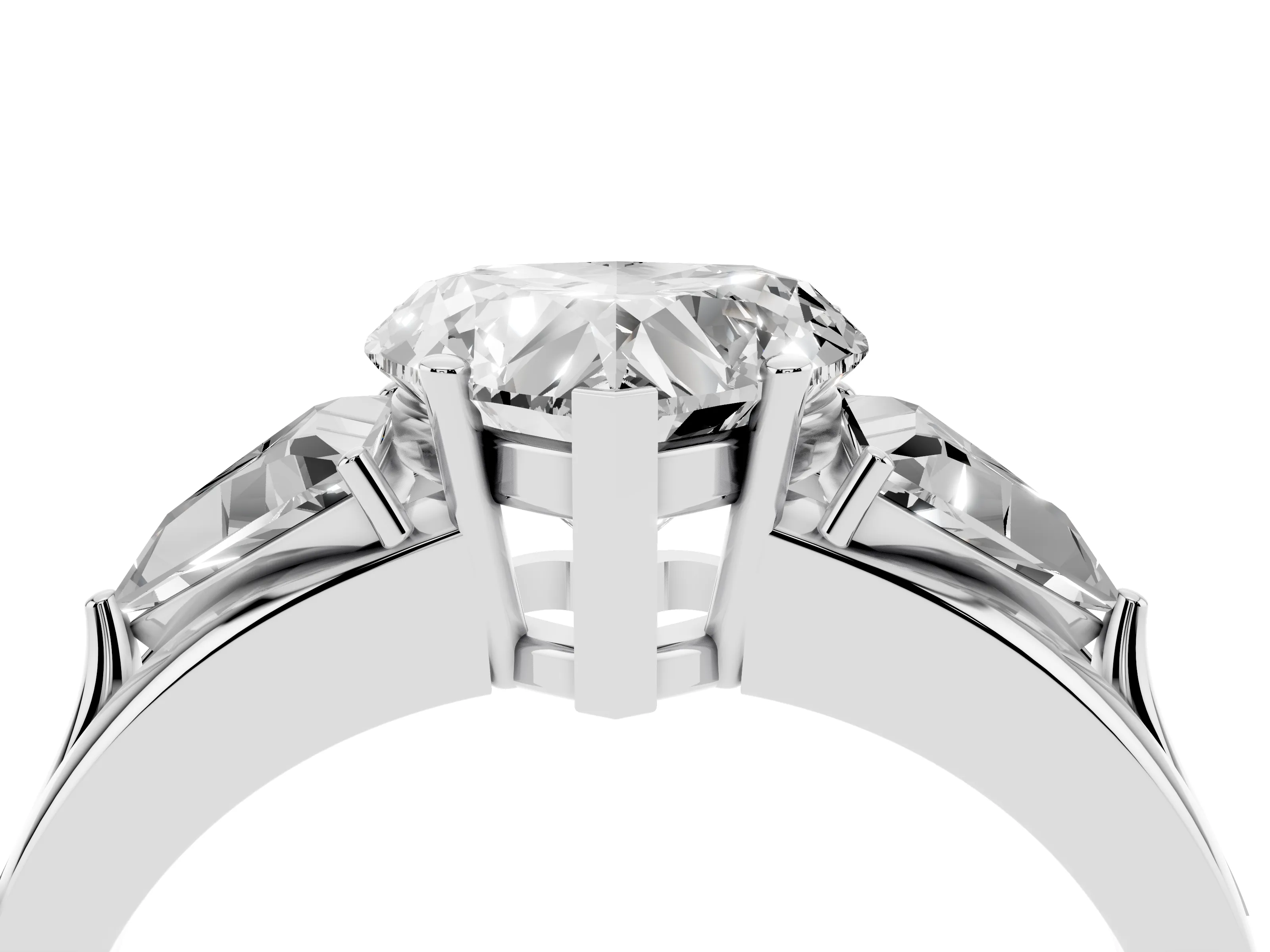 Heart Cut Diamond Three-Stone Ring Set in White gold with Trillion Side Stones and Split Shank