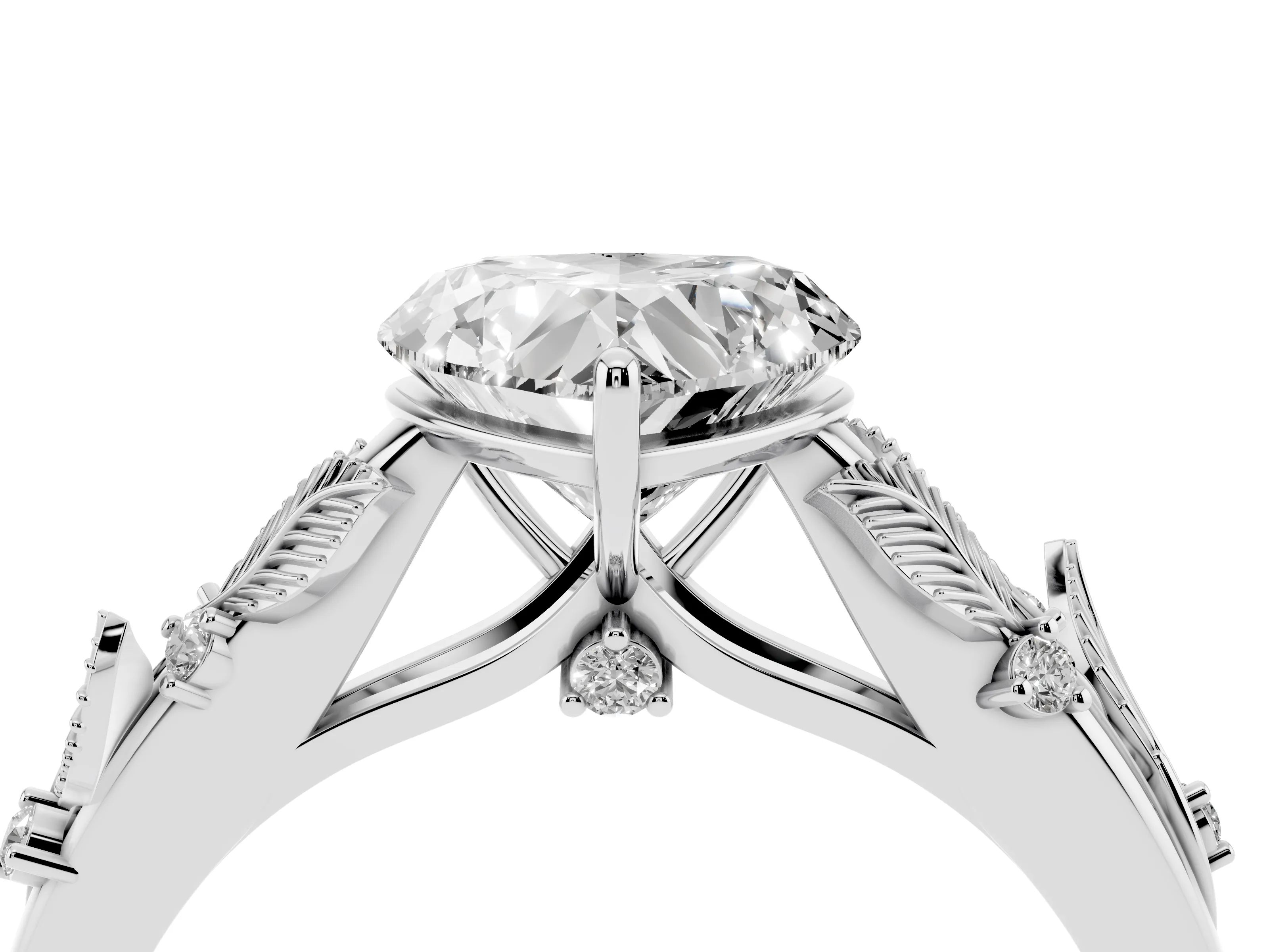 Heart Cut Diamond Solitaire Ring Set in Silver with Leaf Motif Band