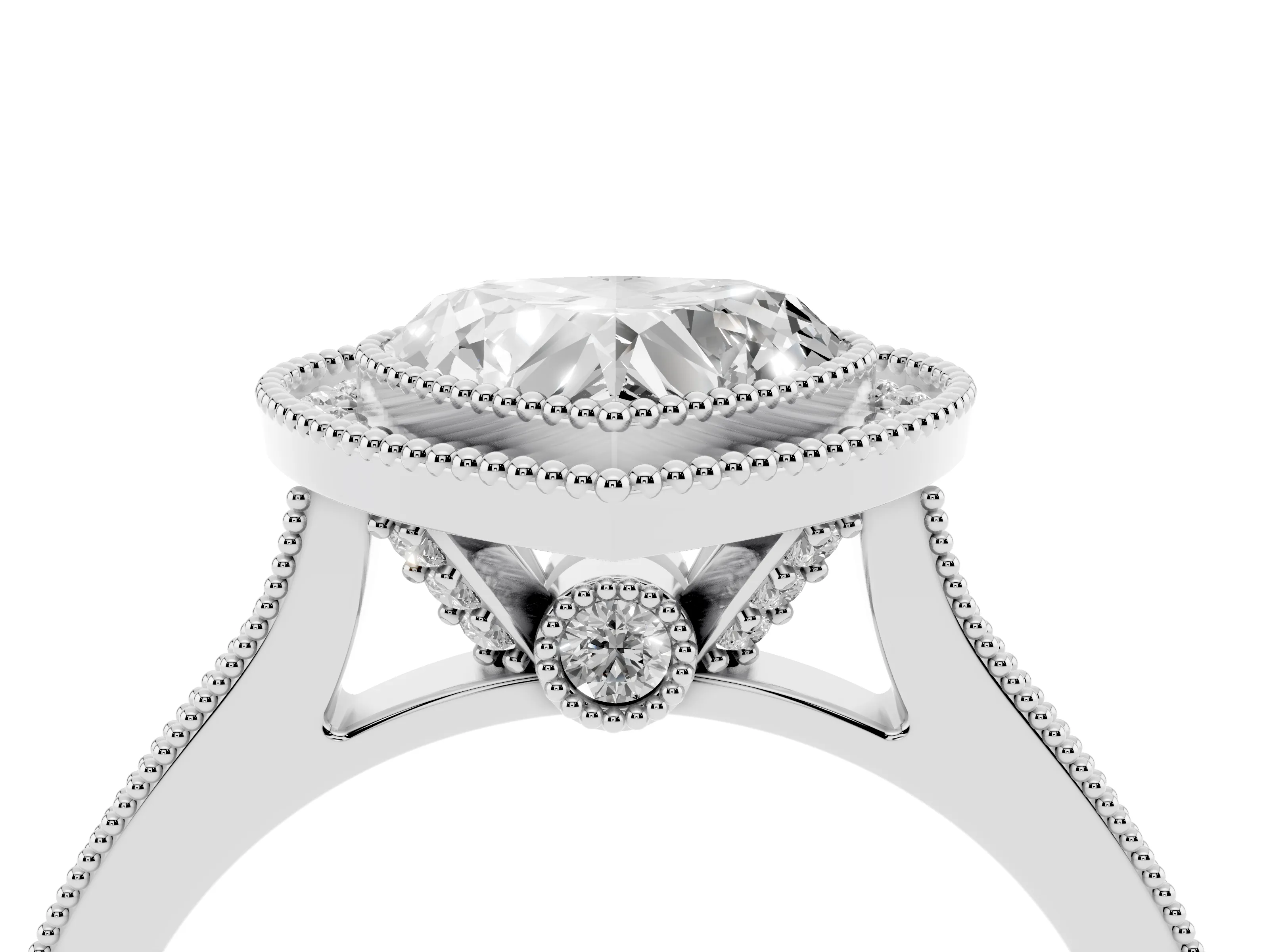 Heart Cut Diamond Halo Milgrain Pavé Band Ring Set in White gold with Prong Setting