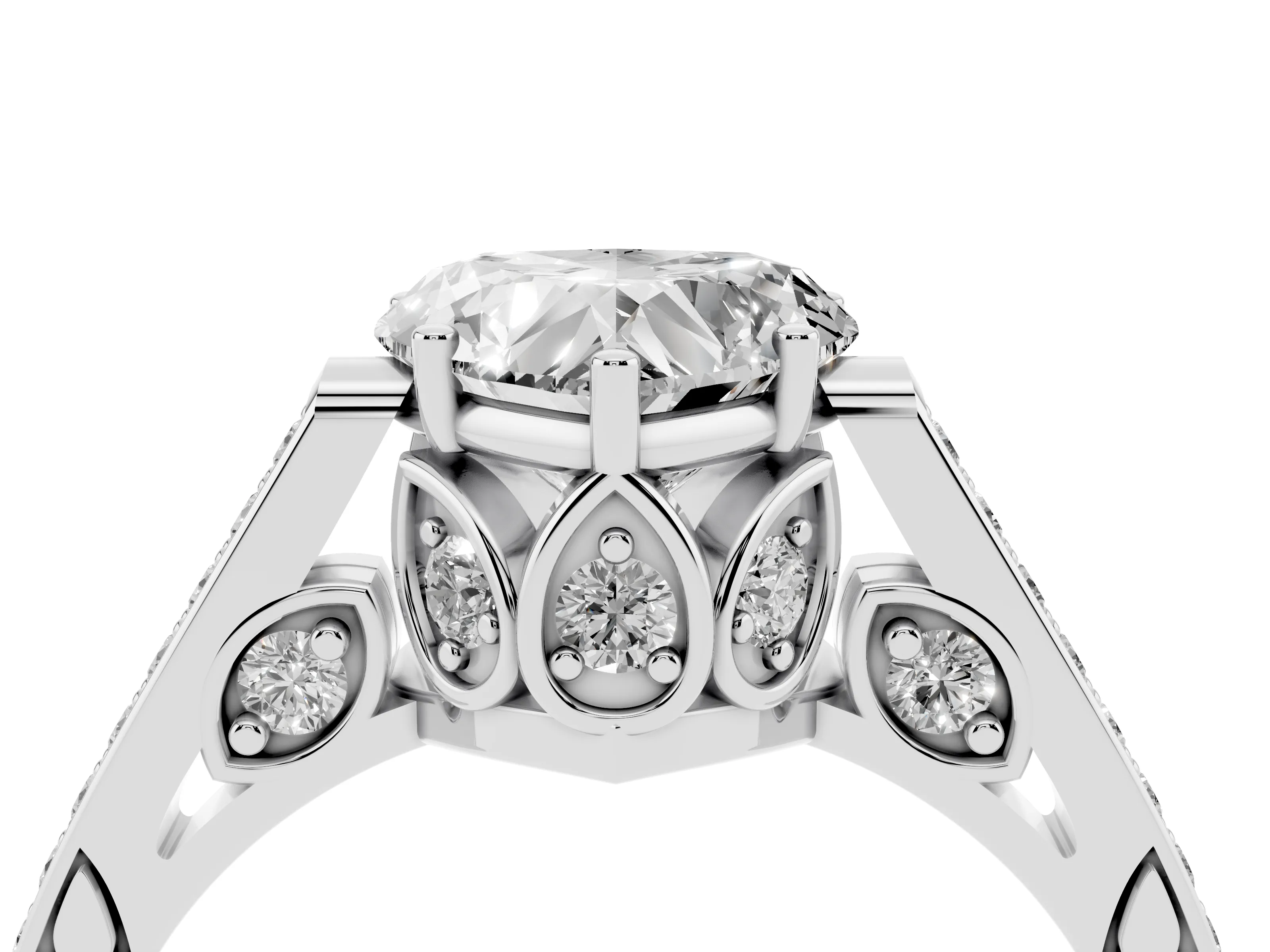 Heart Cut Diamond Cathedral Pavé Engagement Ring Set in Silver with Prong Setting