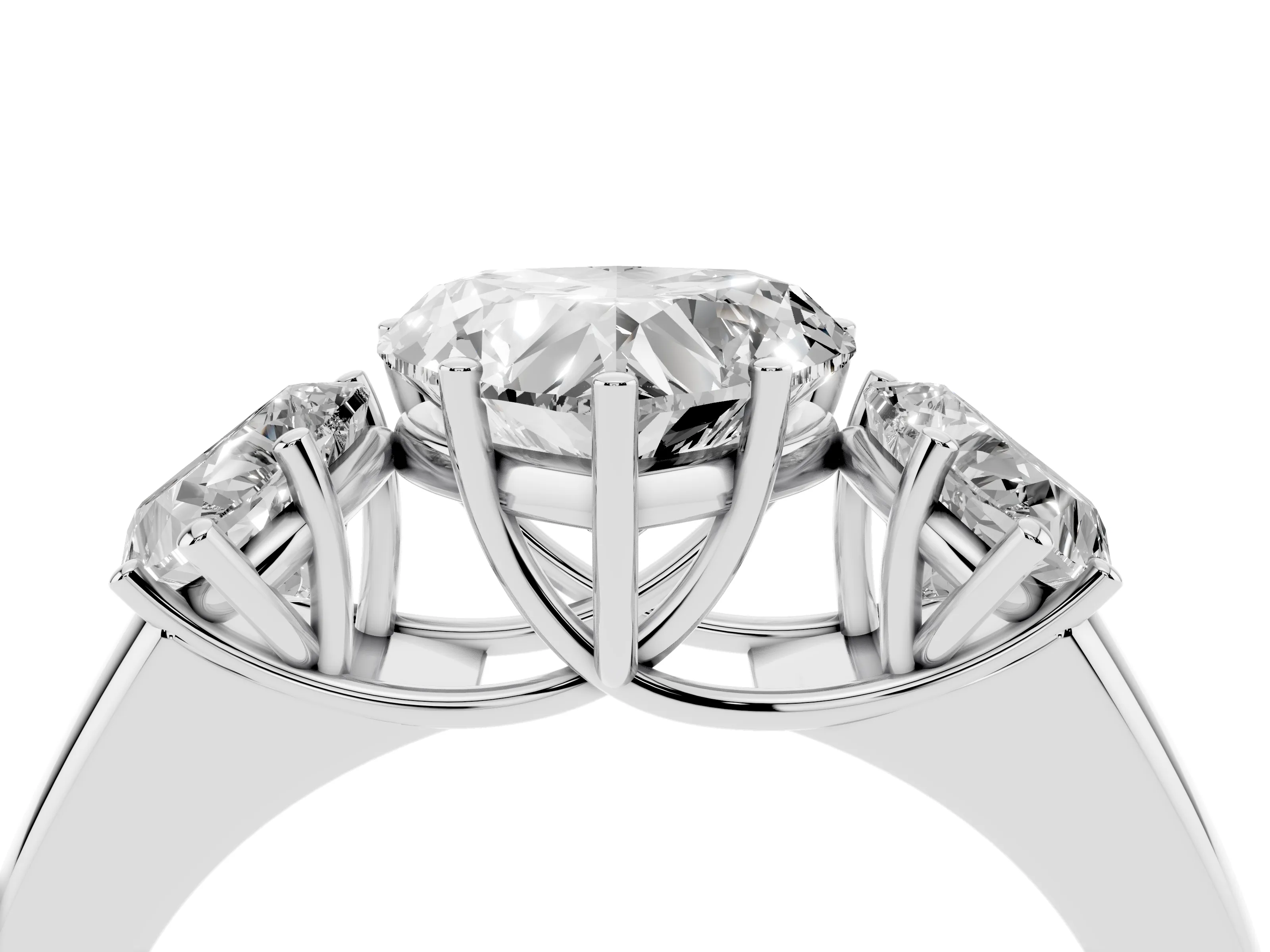 Three-Stone Heart Cut Diamond Ring Set in Platinum with Matching Prong Settings and Plain Band