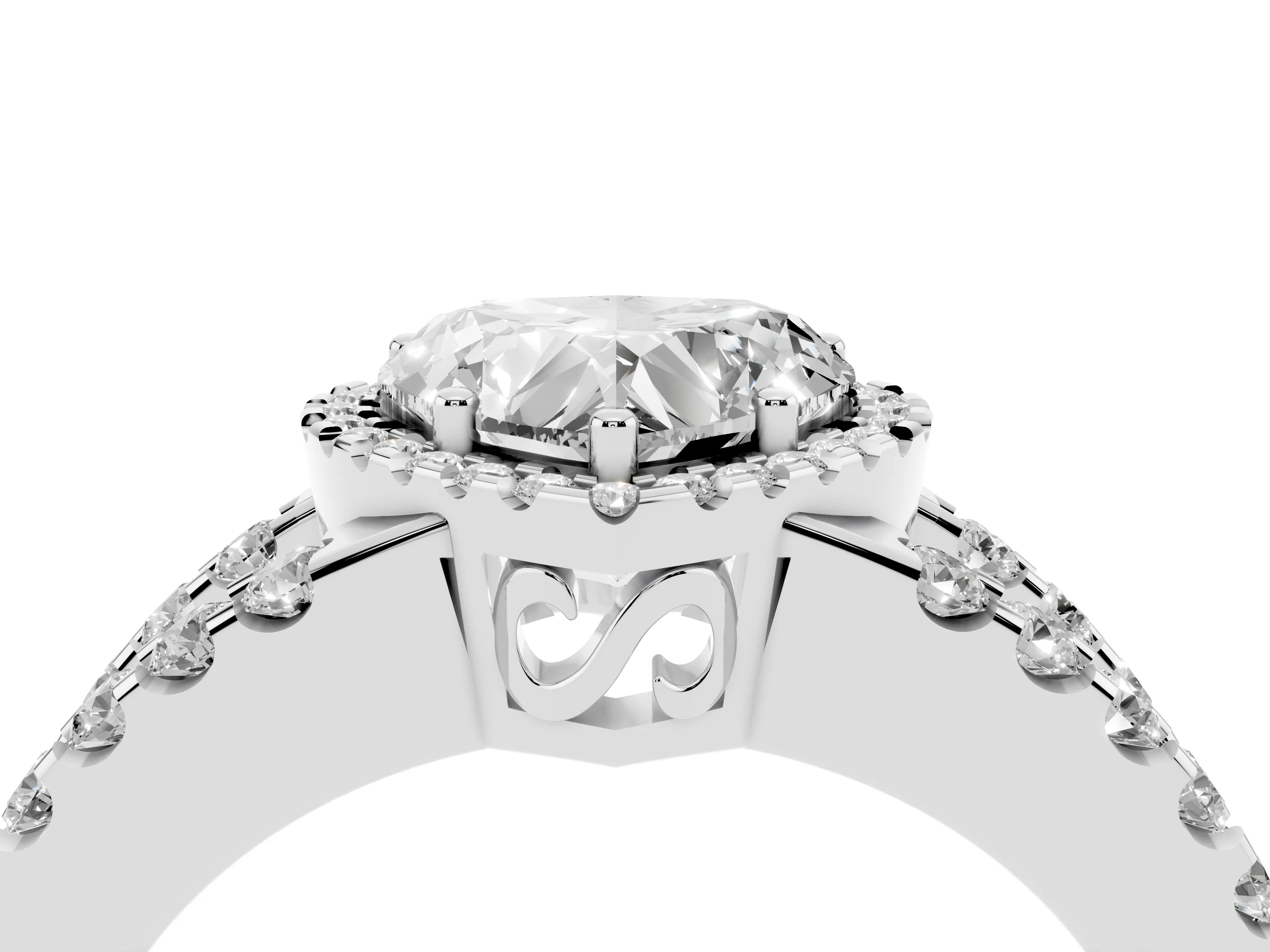 Heart Cut Diamond Halo Ring Set in White gold with Pavé Split Shank and Prong Setting