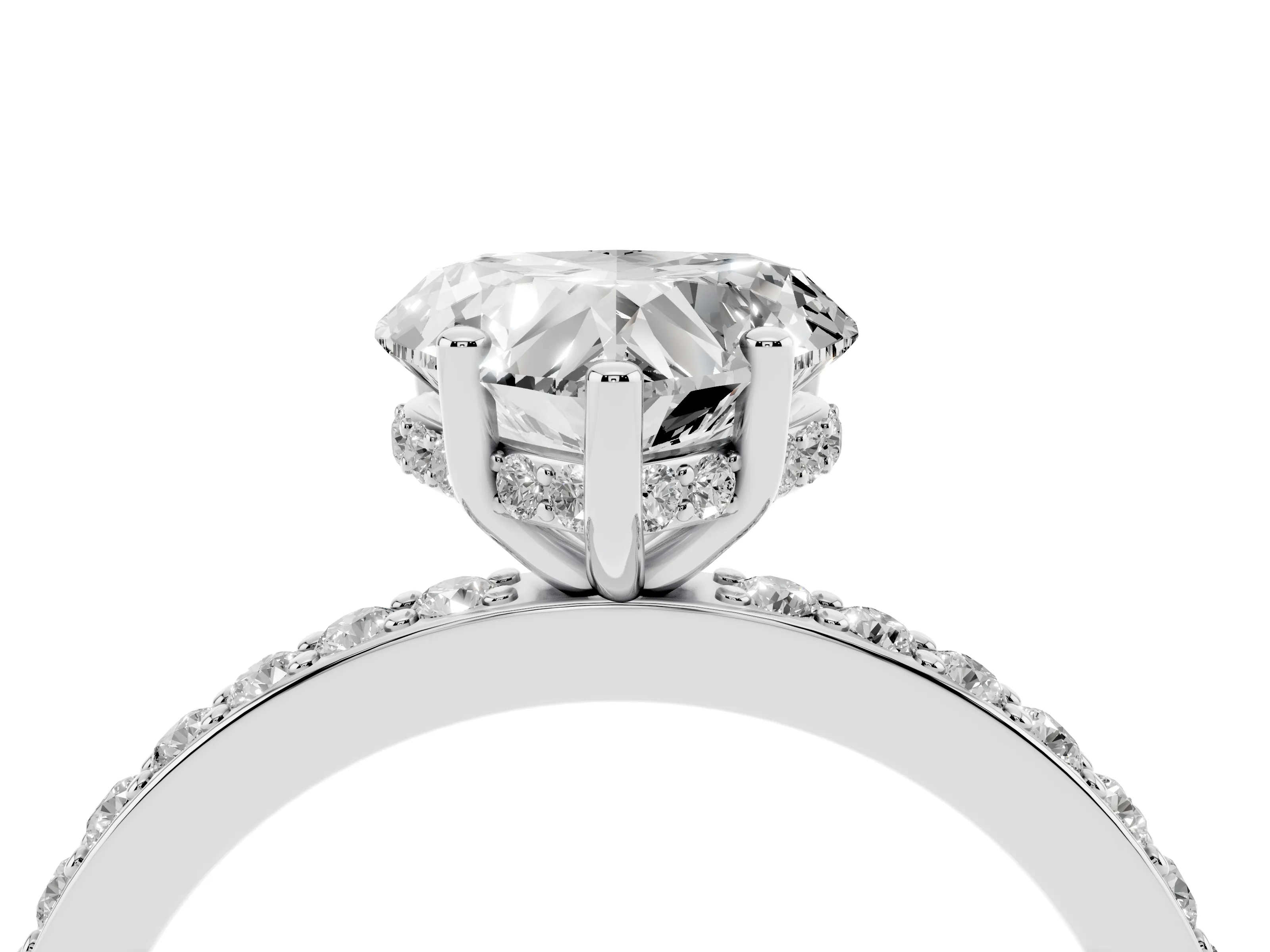 Heart Cut Diamond Pavé Band Ring Set in White gold with Prong-Set Center Stone