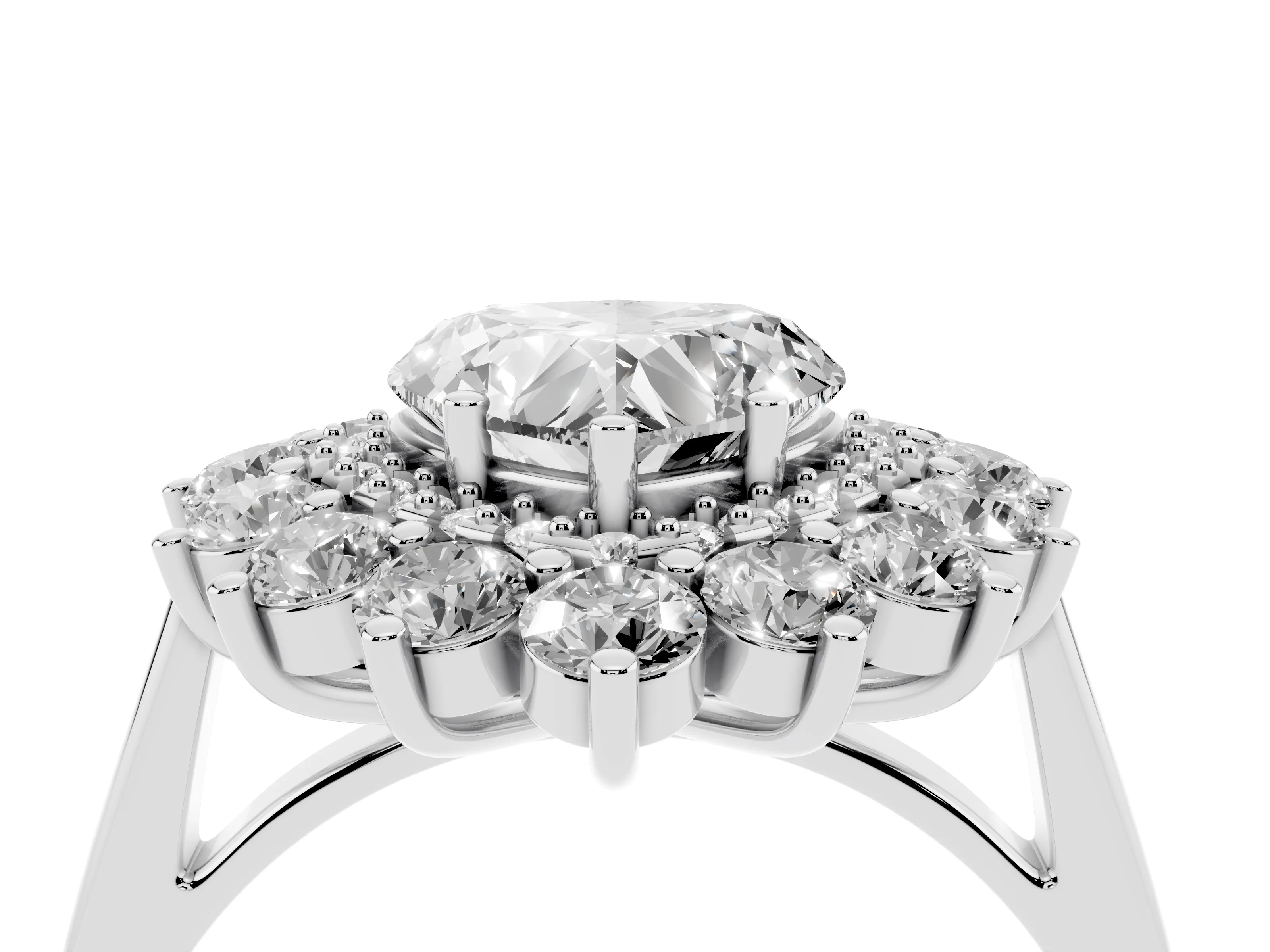 Heart Cut Diamond Floral Double Halo Ring Set in Platinum with Round Petals