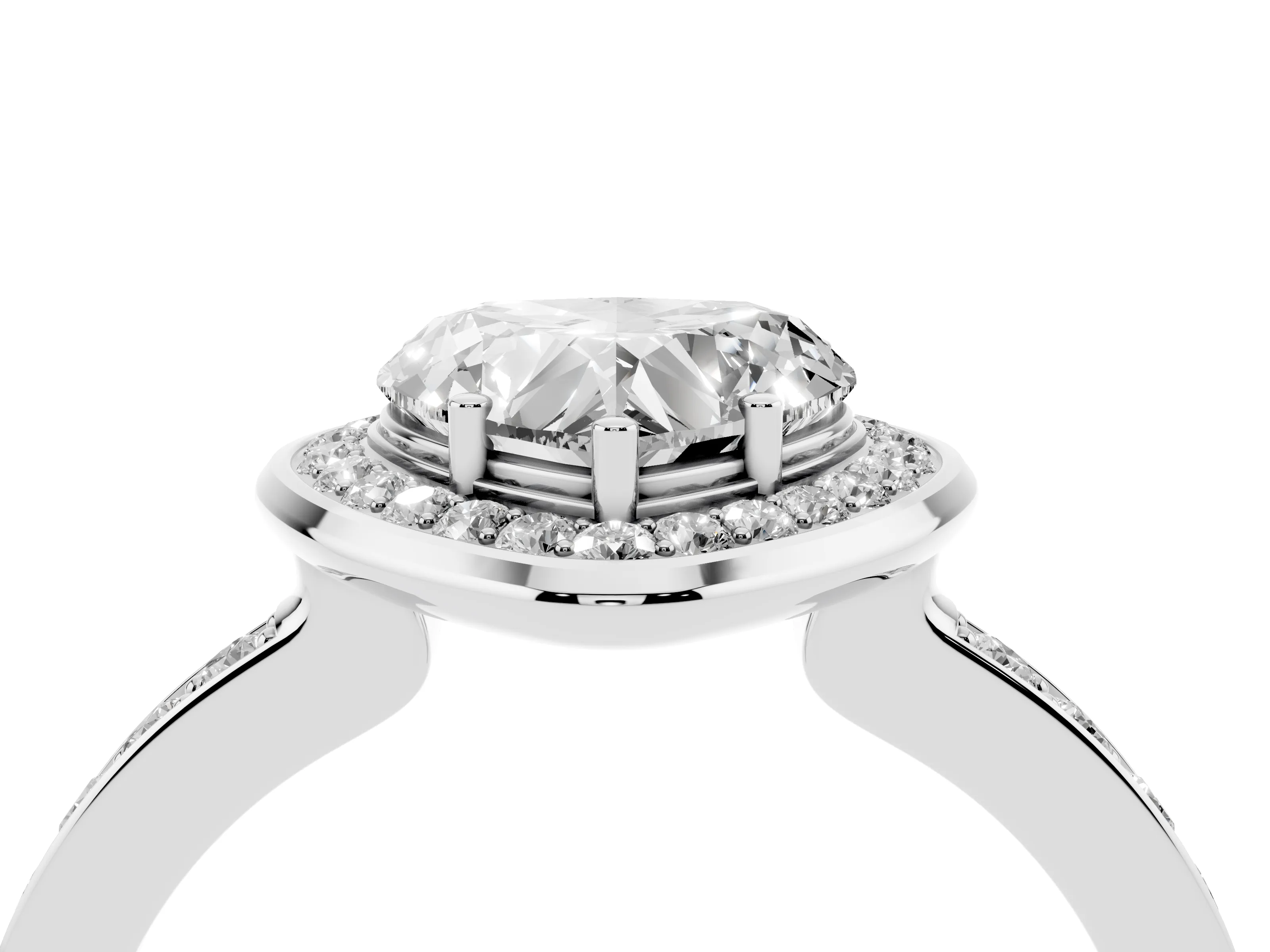 Heart Cut Diamond Halo Ring Set in White gold with Bezel Frame and Pavé Band