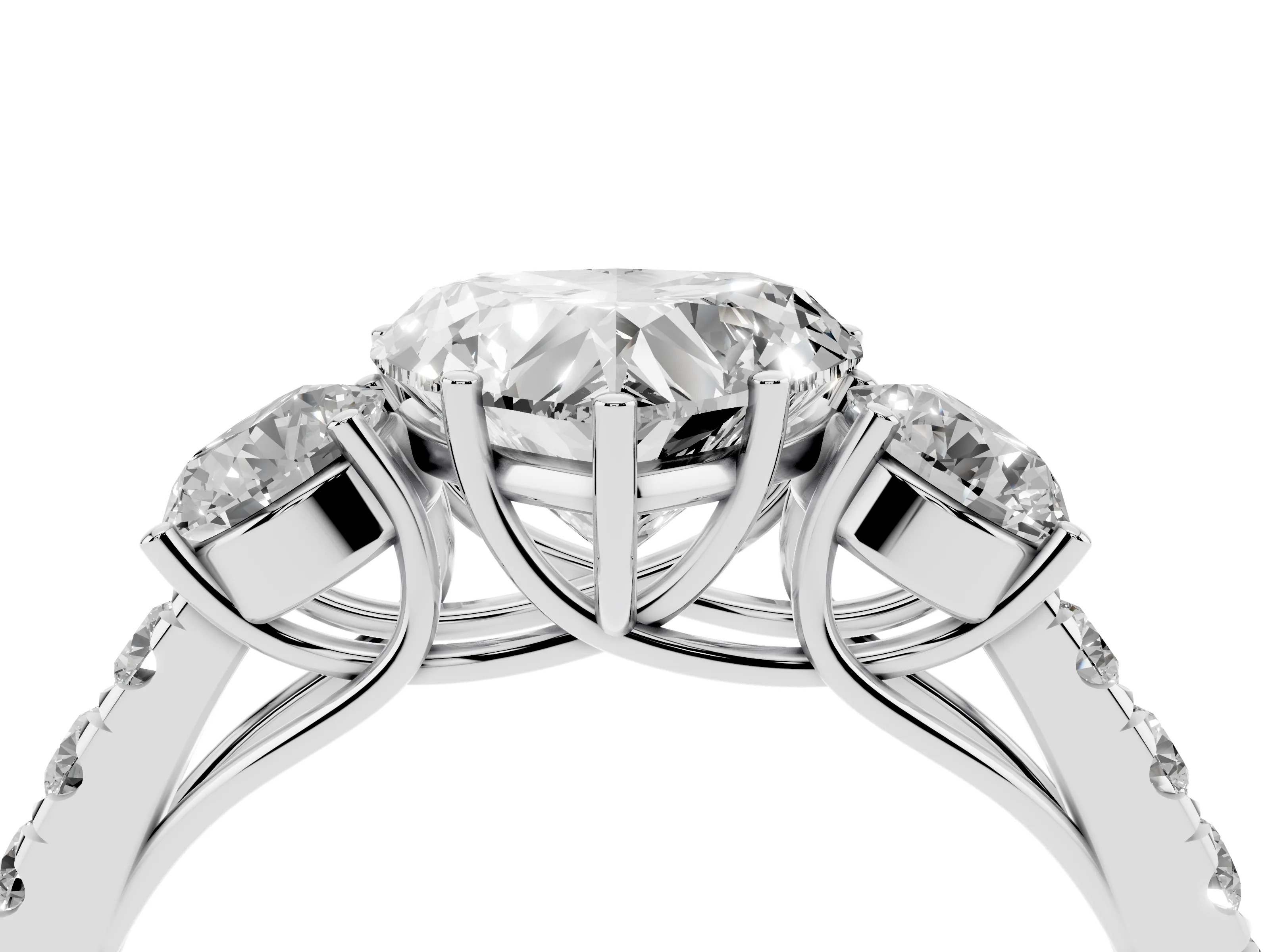 Heart Cut Diamond Three-Stone Ring Set in White gold with Round Side Stones and Delicate Pavé Band