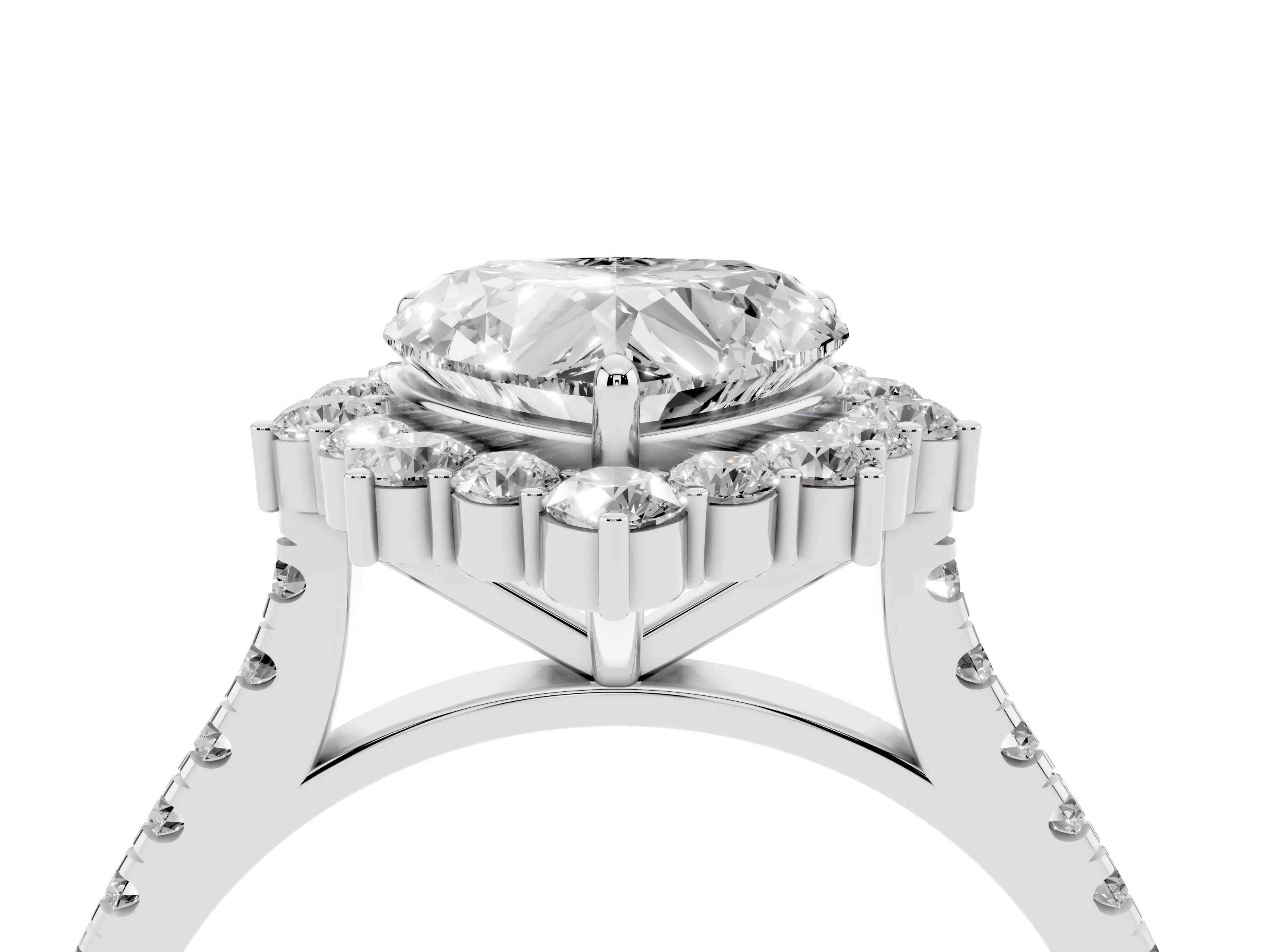 Heart Cut Diamond Halo Ring Set in Silver with Pavé Band and Prong Setting