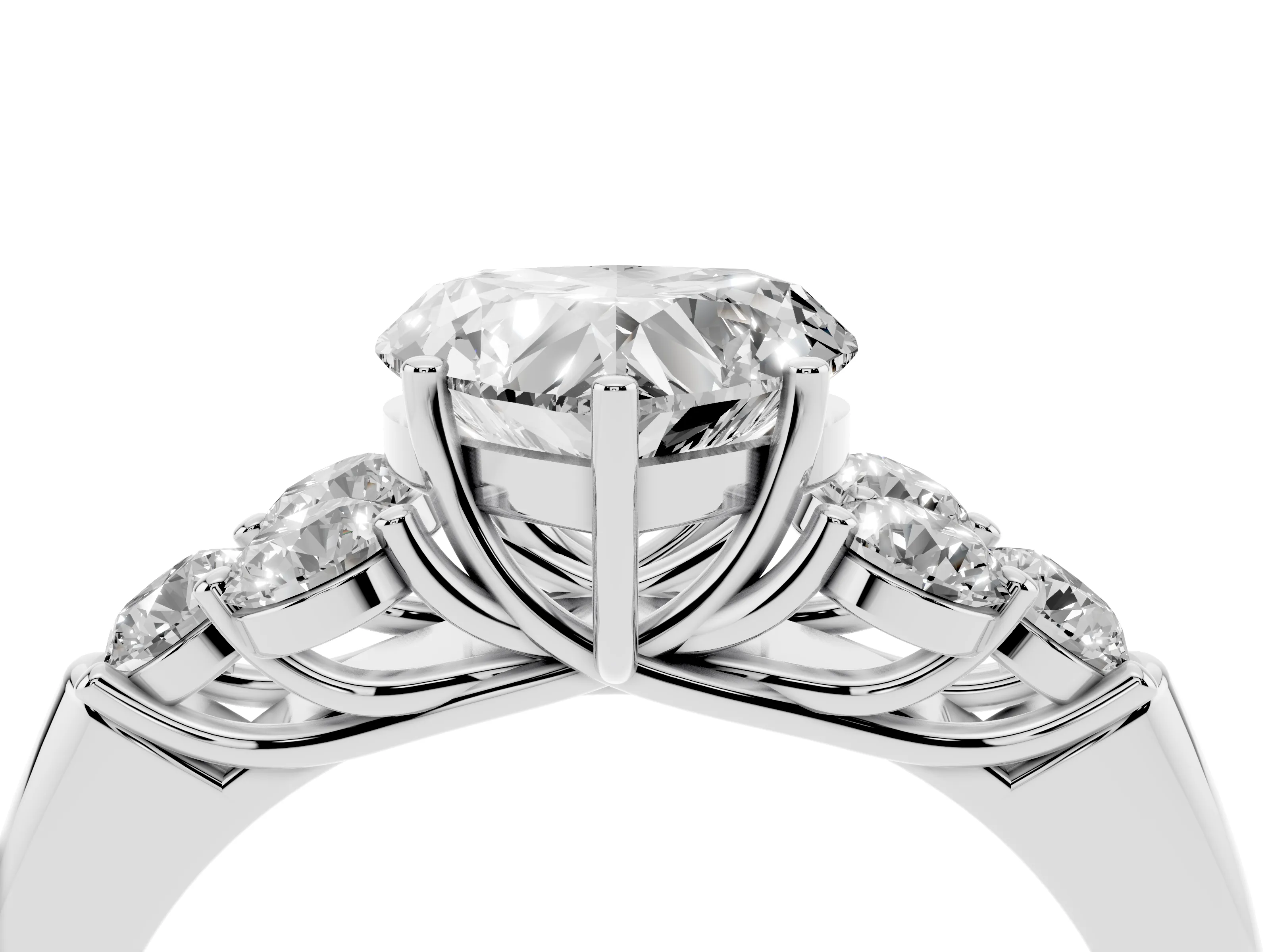 Heart Cut Diamond Cluster Ring Set in Silver with Round Accent Stones and Prong Setting on a Plain Band