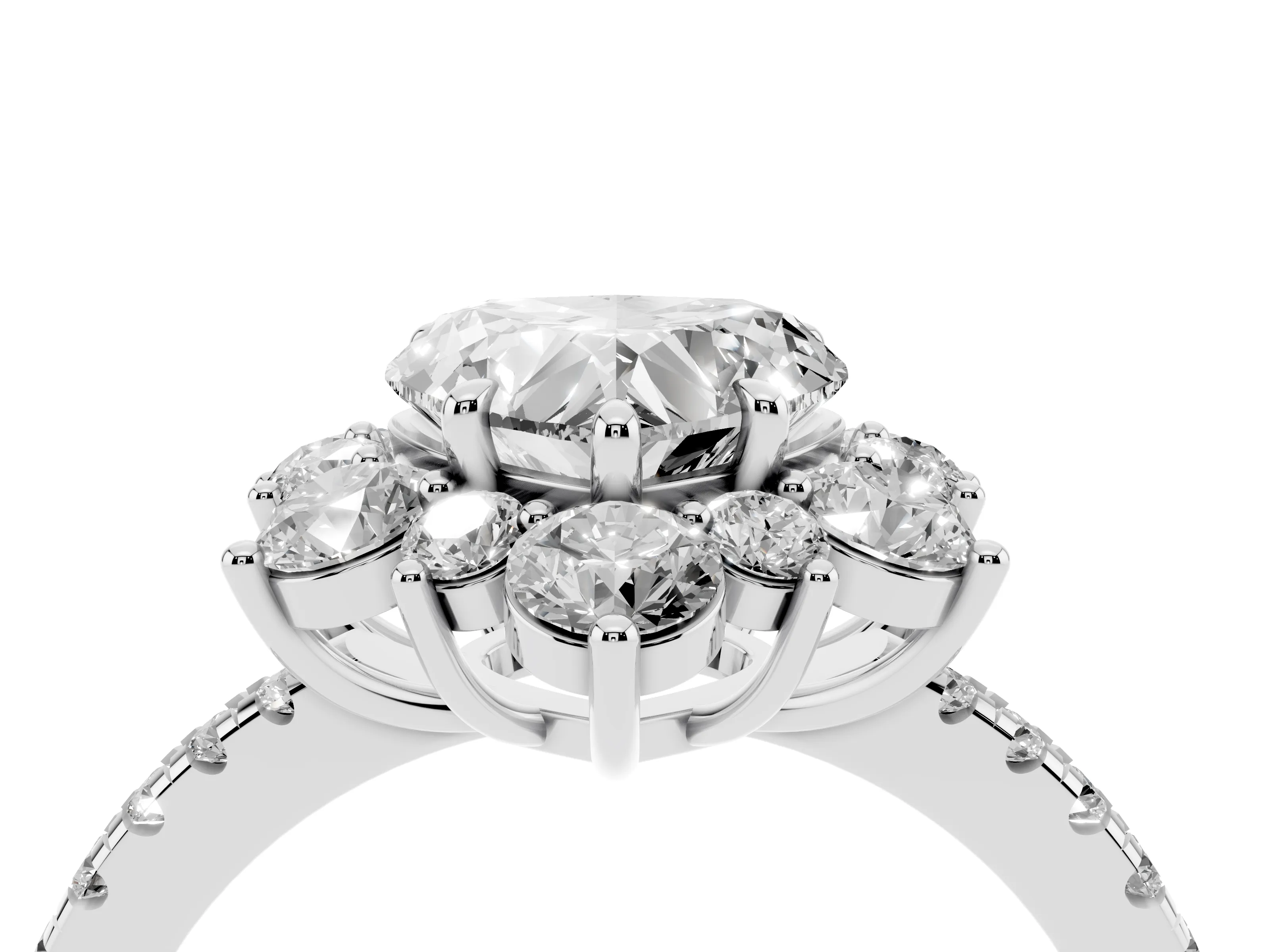 Heart Cut Diamond Floral Halo Ring Set in Platinum with Round Pavé Band and Prong Setting