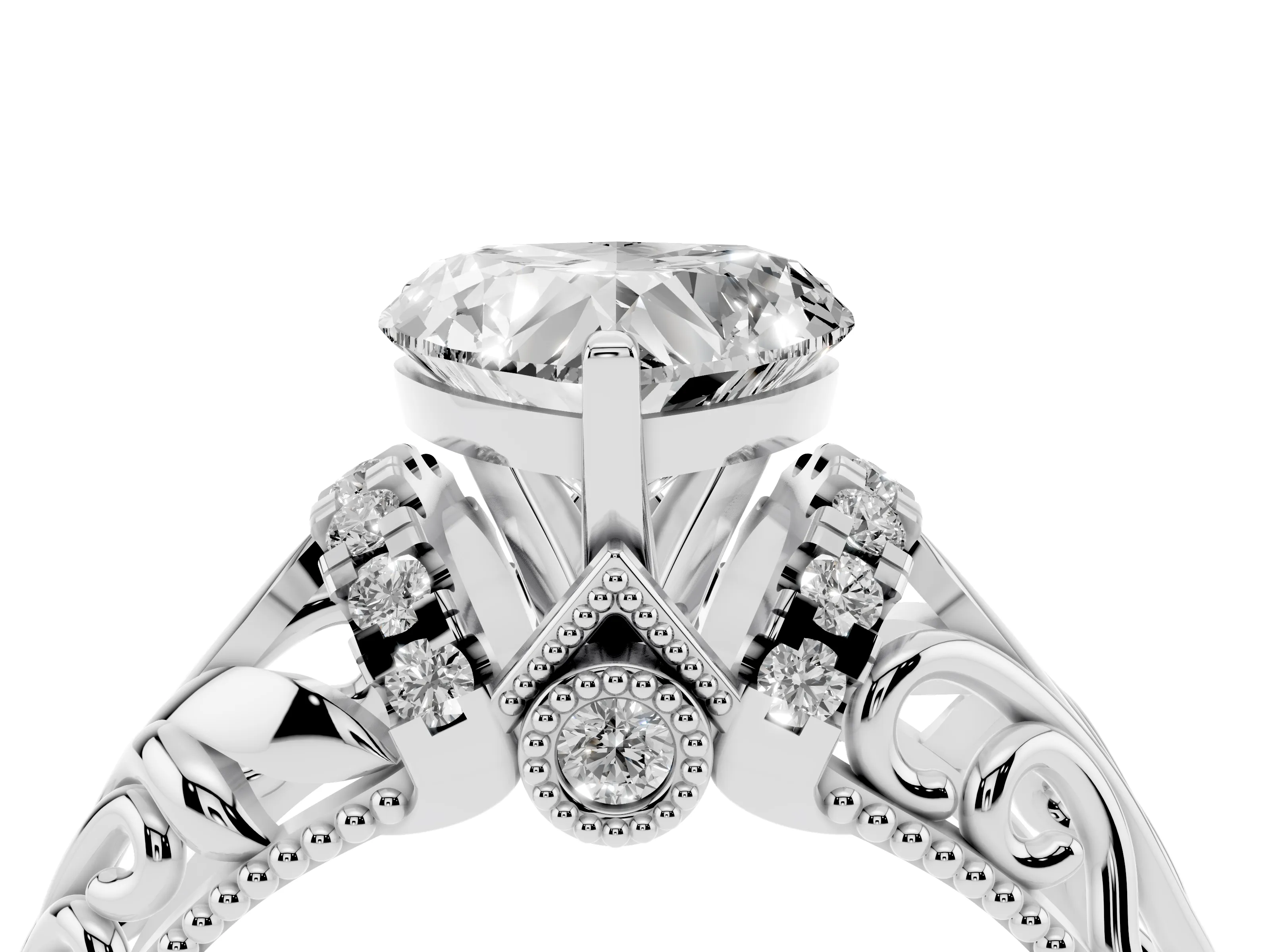 Heart Cut Diamond Filigree Halo Engagement Ring Set in White gold with Prong Setting