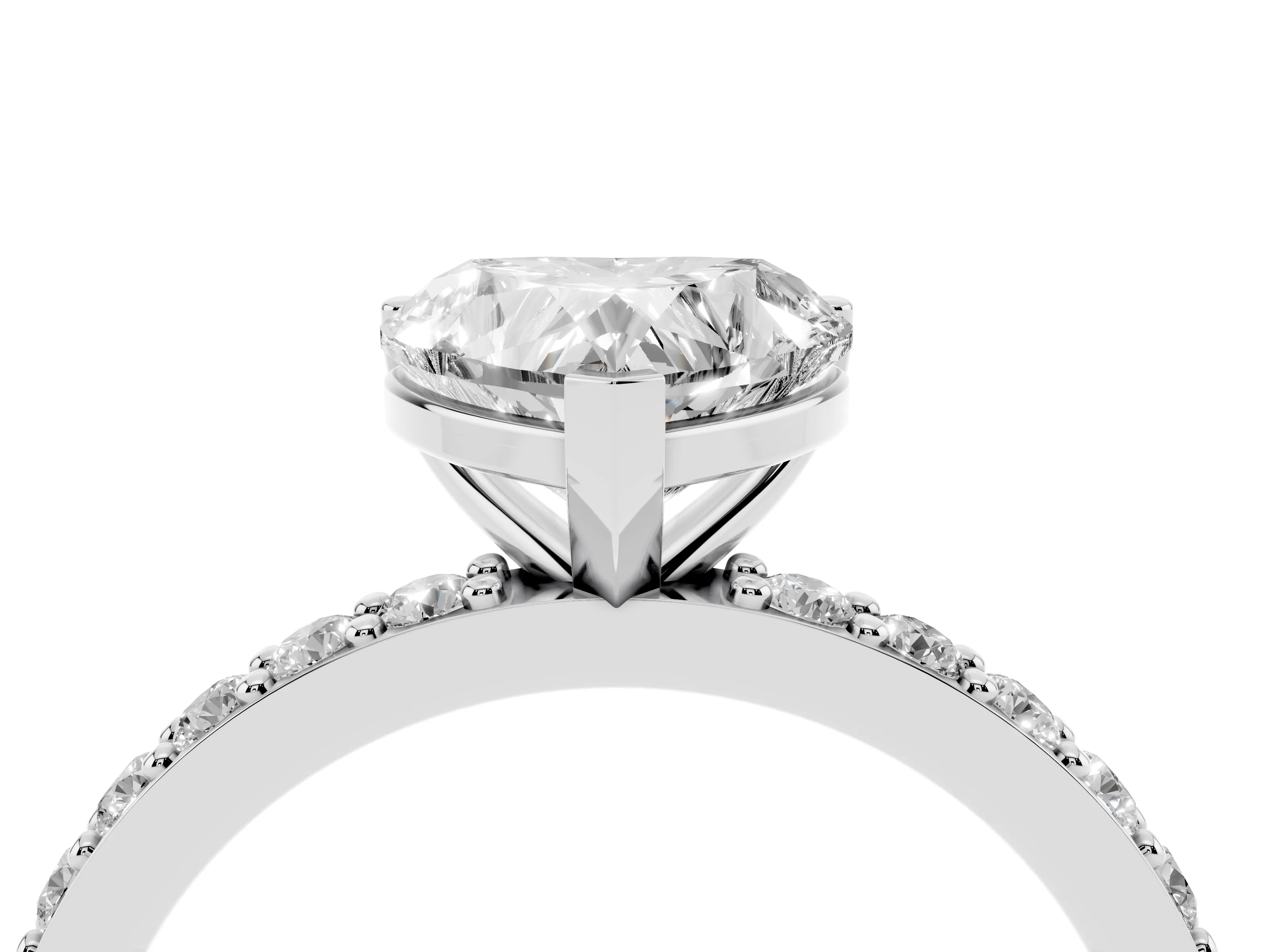 Heart Cut Diamond Solitaire Set in White gold with Round Pavé Band and Prong Setting