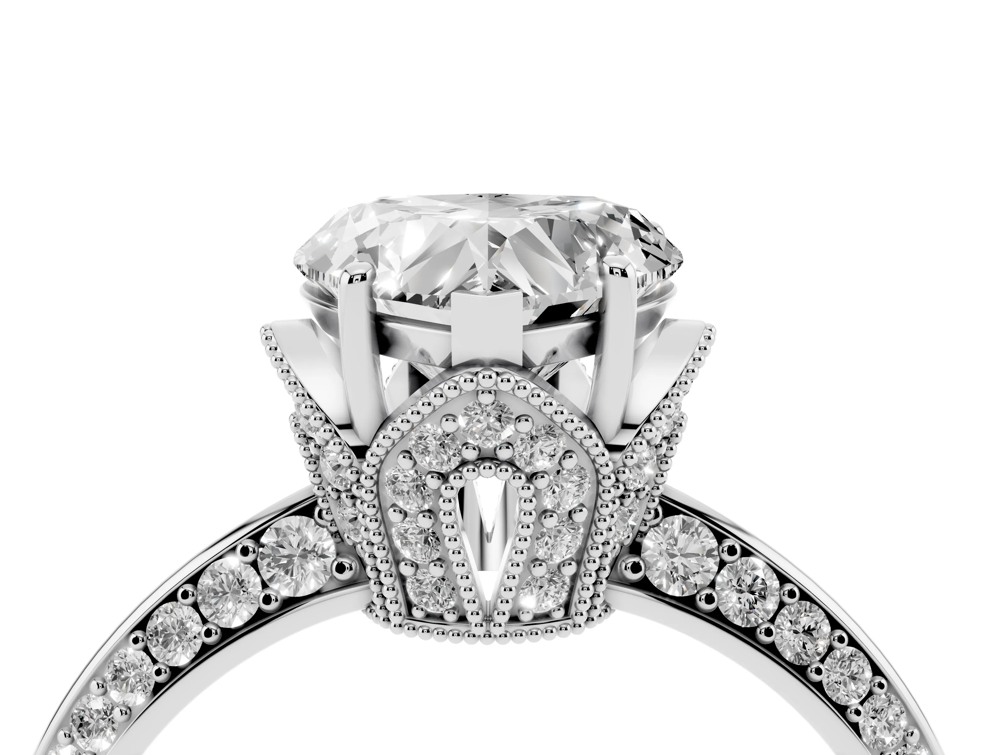 Heart Cut Diamond Solitaire Engagement Ring Set in White gold with Pavé Split Shank and Prong Setting