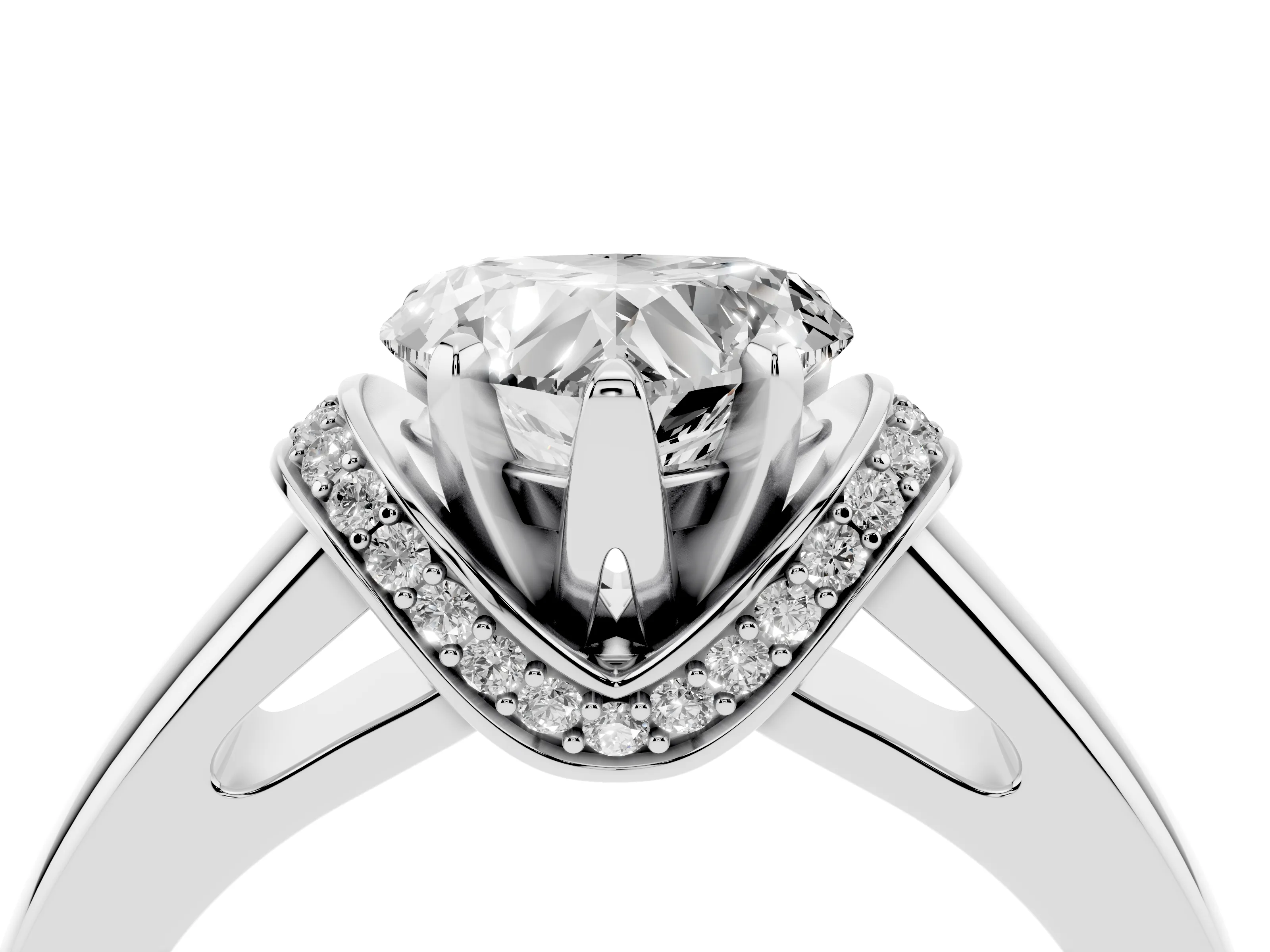 Heart Cut Diamond Pavé Band Solitaire Ring Set in Platinum with Prong Setting