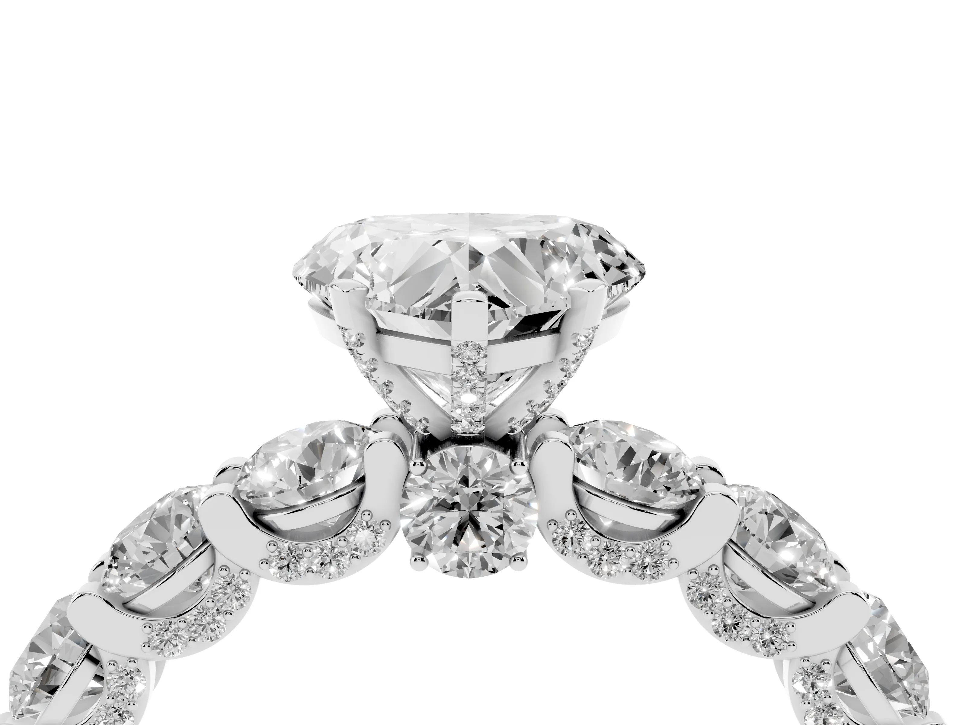 Heart Cut Diamond Side Stone Ring Set in Platinum with Alternating Round and Oval Side Stones