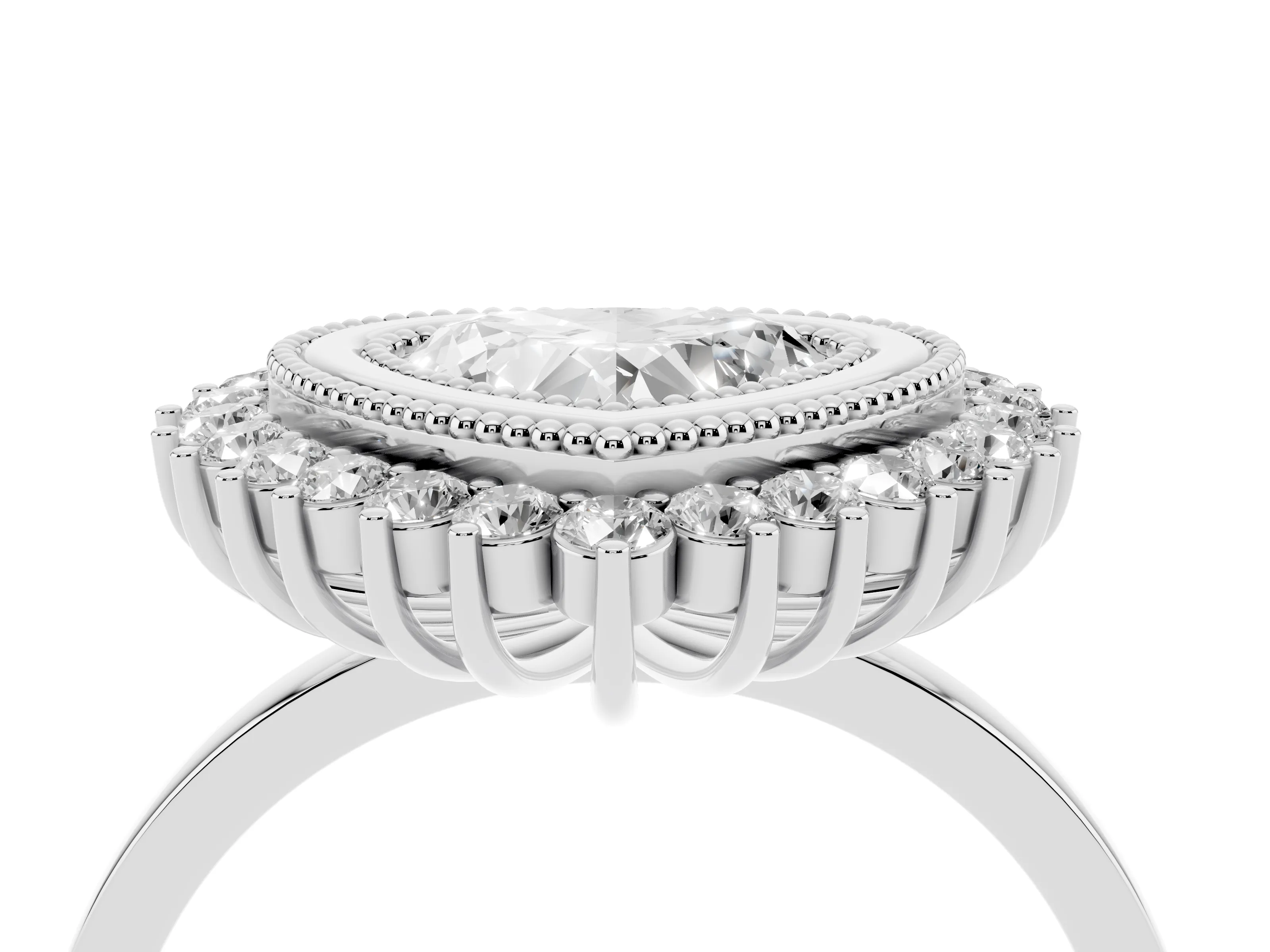 Heart Cut Diamond Halo Ring Set in White gold with Milgrain Edge and Round Prong Setting
