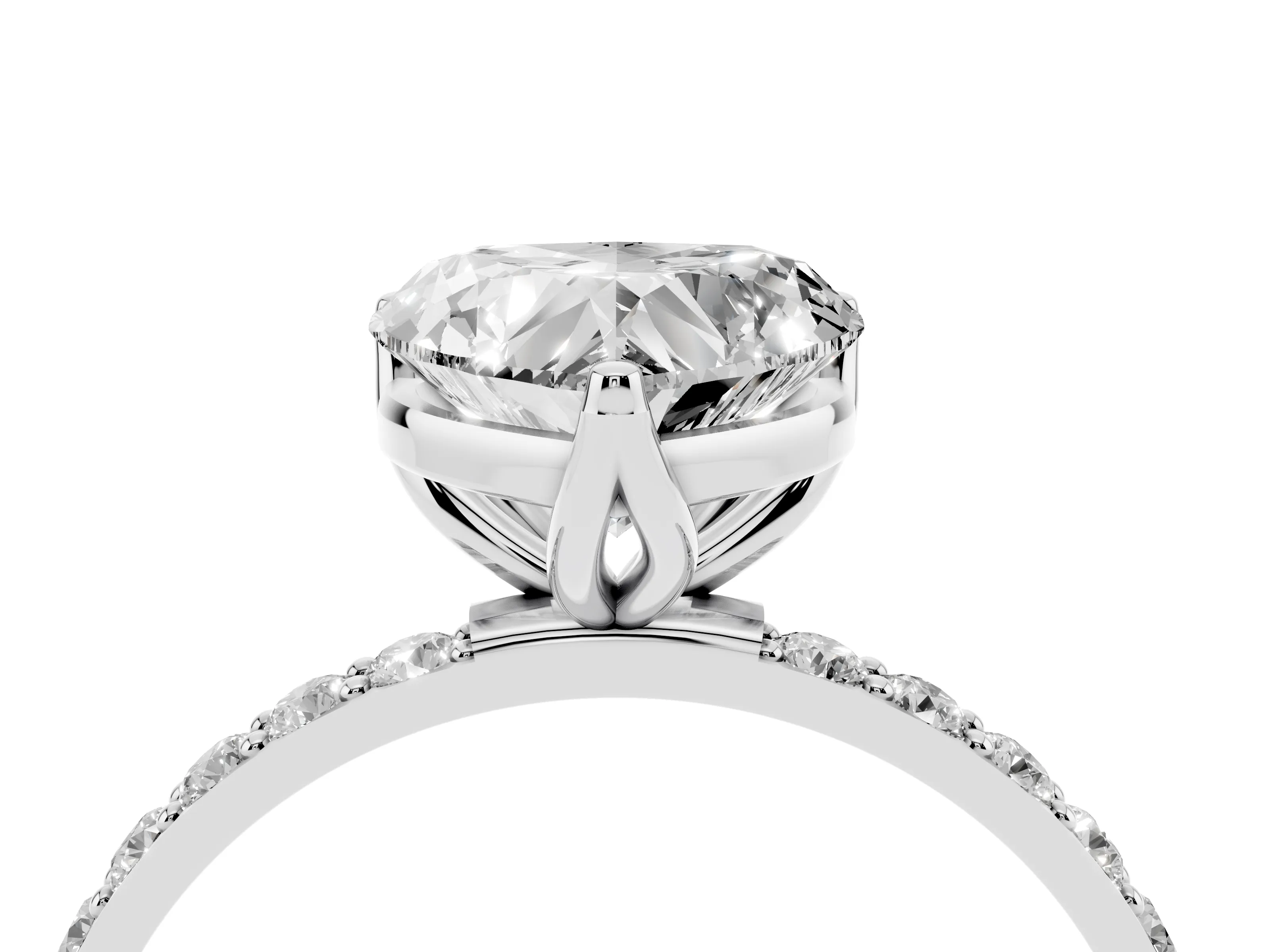 Heart Cut Diamond Solitaire Engagement Ring Set in White gold with Round Pavé Band and Prong Setting