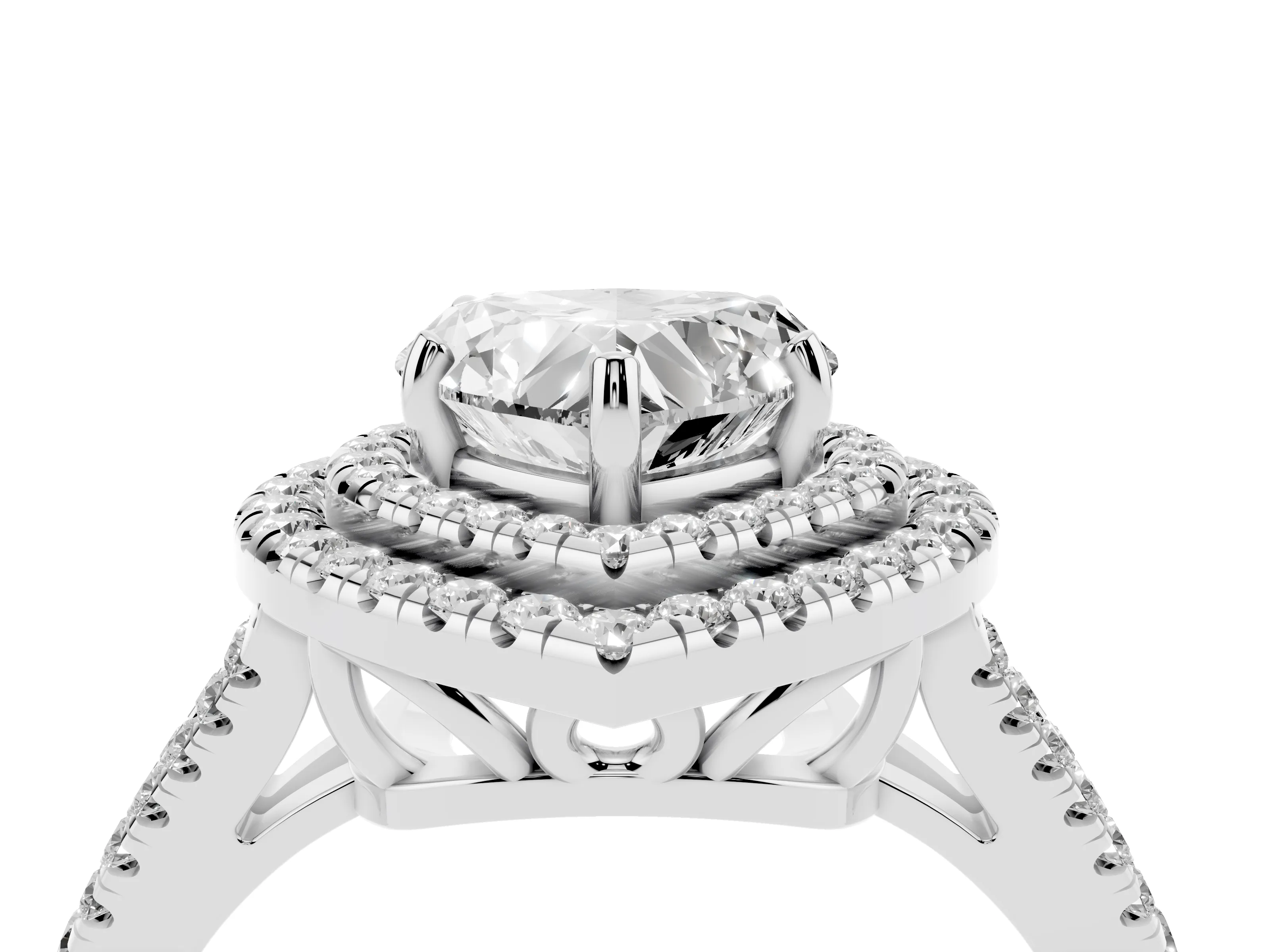 Heart Cut Diamond Double Halo Ring Set in Silver with Pavé Band