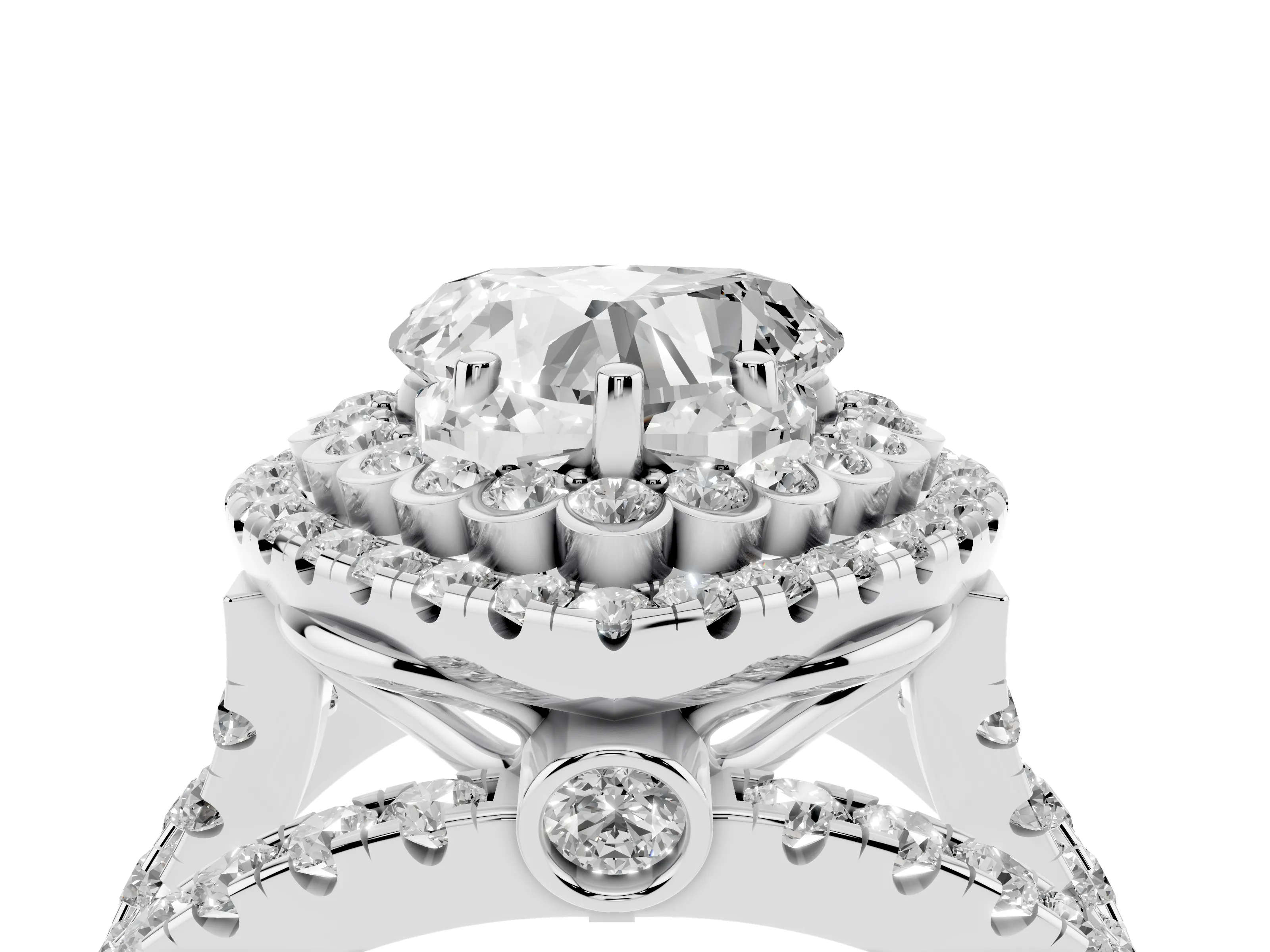 Heart Cut Diamond Double Halo Ring Set in Silver with Round Pavé Split Shank