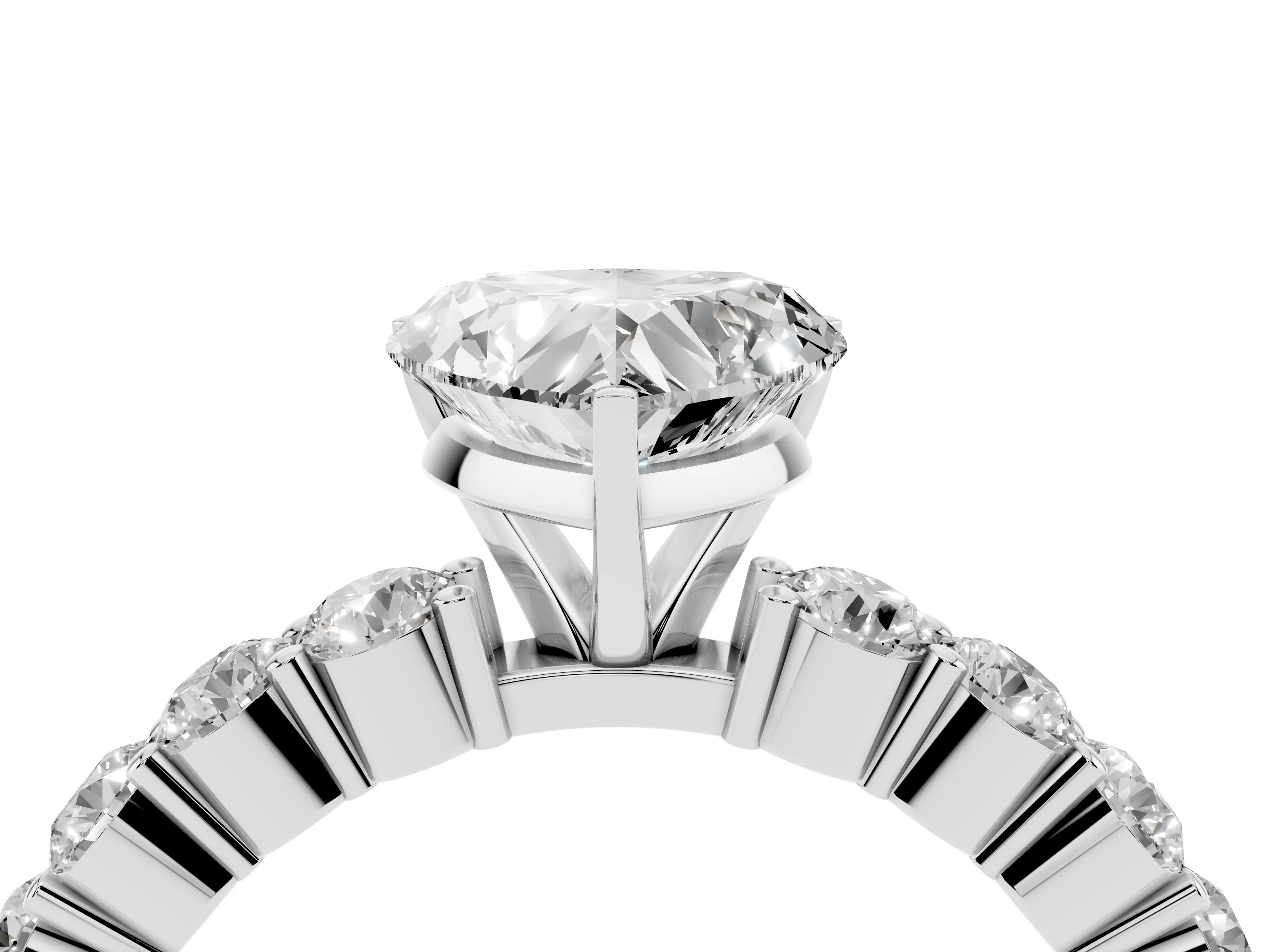 Heart Cut Diamond Solitaire Ring Set in White gold with Shared Prong Round Side Stones
