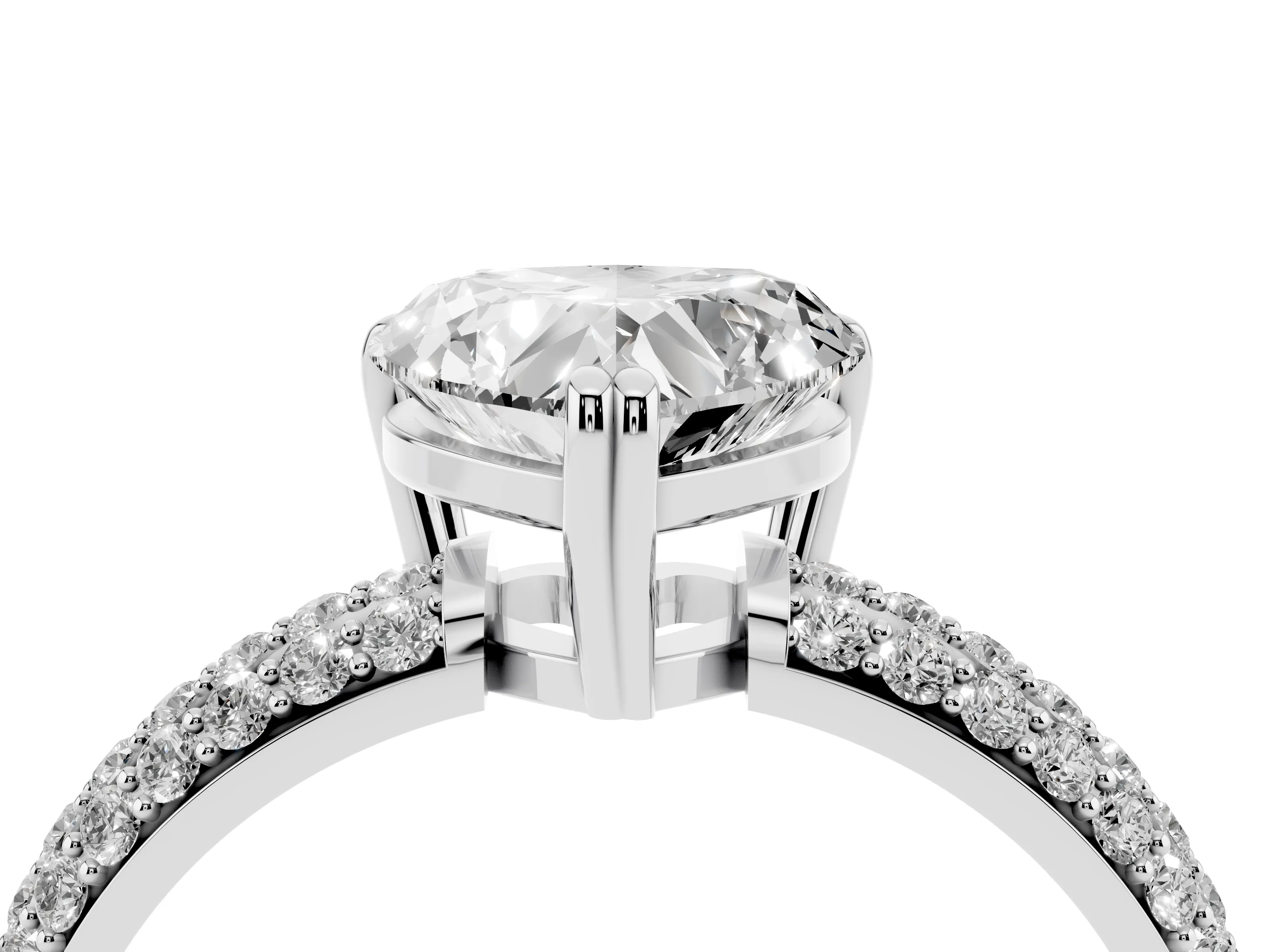 Heart Cut Diamond Solitaire Ring Set in Platinum with Multi-Row Round Pavé Band and Prong Setting